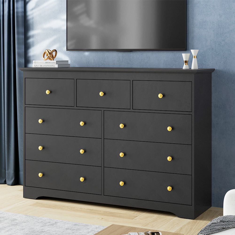 JUSHUA - 9 Drawer Dresser For Bedroom Wood Storage Cabinet With Golden Metal Handles Modern Close...