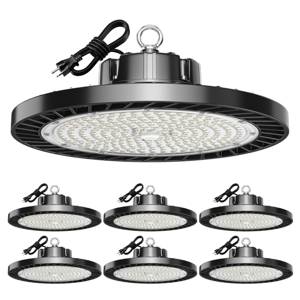 Etokfoks  6 Pack UFO LED High Bay Light 200W 30000LM 5000K AC100 277V IP65 High Output Shop Light for Warehouse Workshop Factory Garage Barn