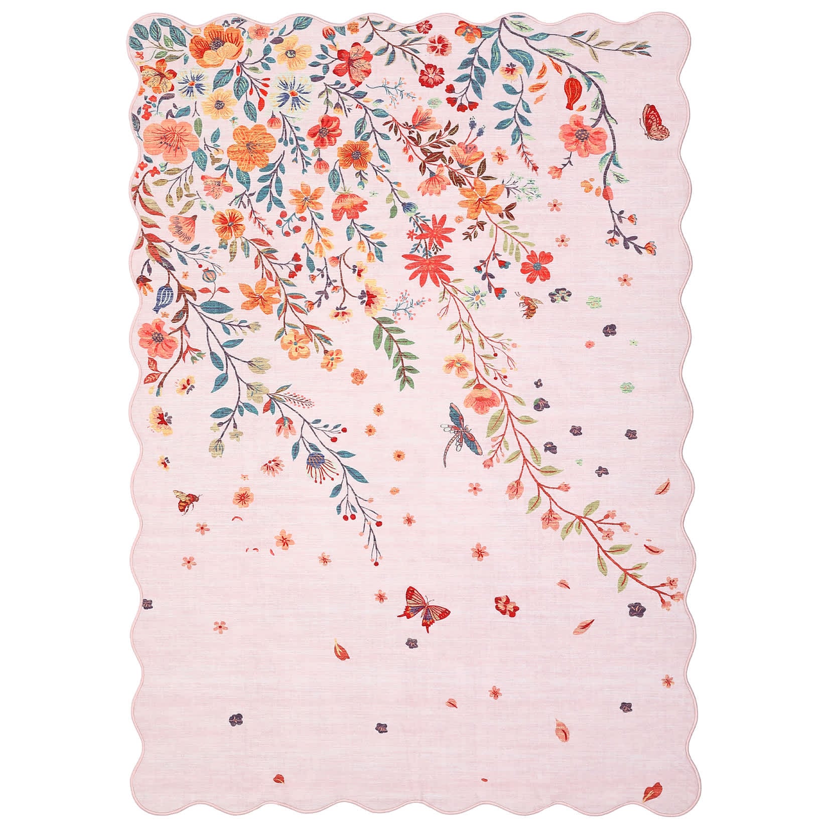 Qeetex SUNNY-PHK-36AKL9AA 10 x 13 ft Pink Polyester Rectangular Bedroom Living Room Dining Room Modern Farmhouse Floral Print Non Slip Machine Washable Area Rug