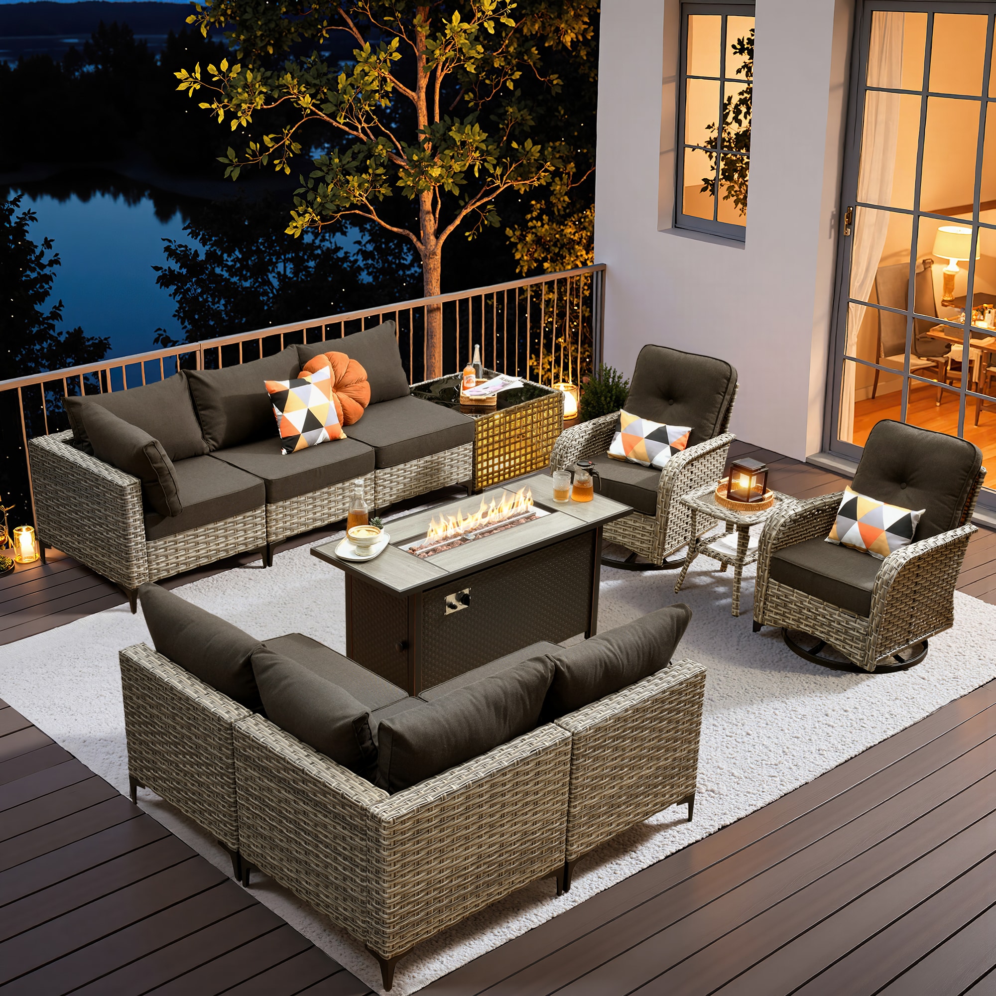 Pouuin SRFPYZSKT10 Wicker Outdoor Sectional with Black Cushions and Steel Frame