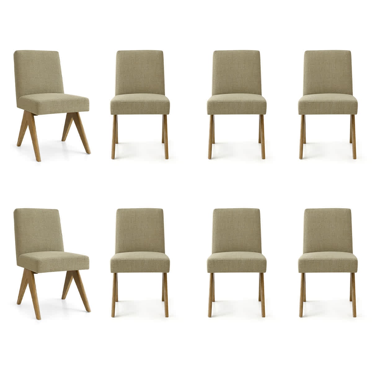 Maison Boucle MORGAN-OK-GREEN-8 Set of 8 Green Linen Dining Chairs with Solid Wood V Legs for Kitchen or Dining Room