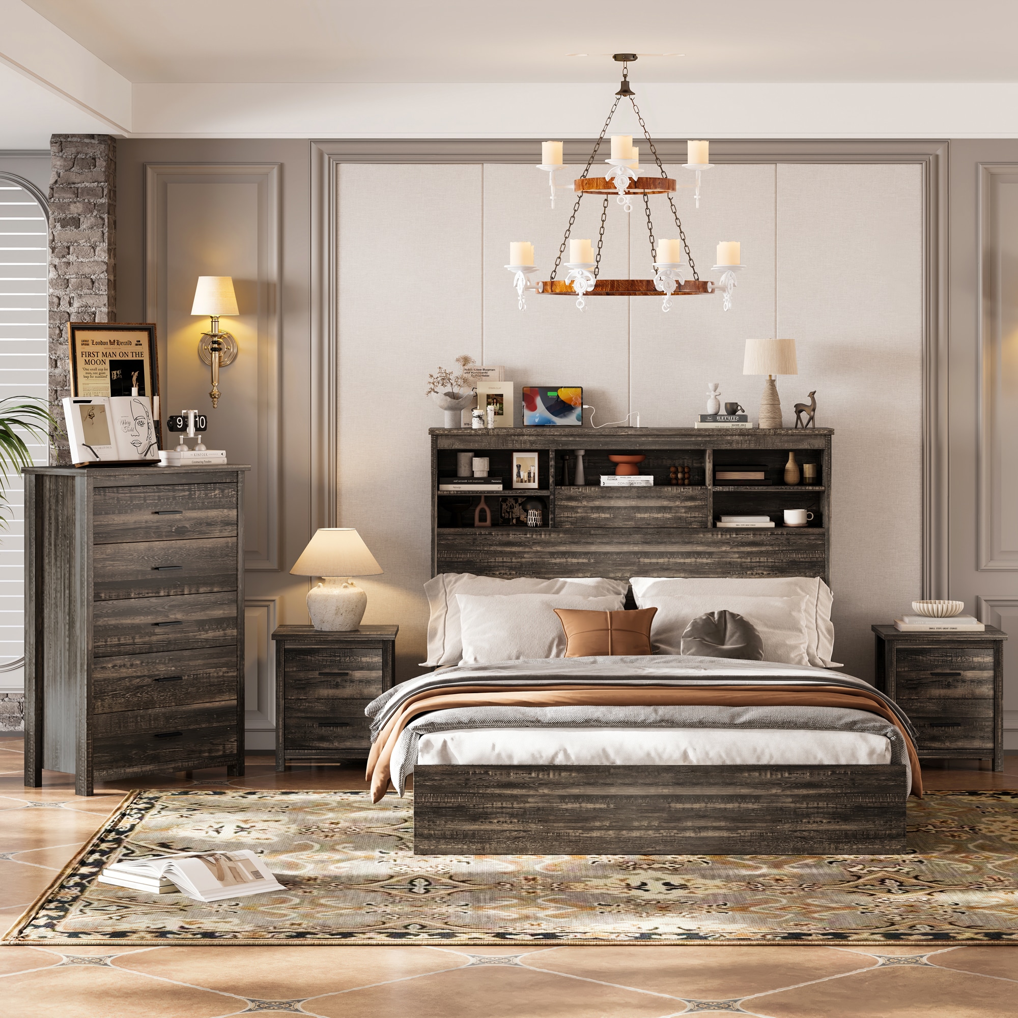 ModernLuxe L3P-N733S307937A 4PCS Bedroom Sets Wooden Queen Size Bed Frame with Storage Headboard and Charging Station 2 Nightstands with 2 Drawers 1 Dresser with 5 Drawers Antique Gray