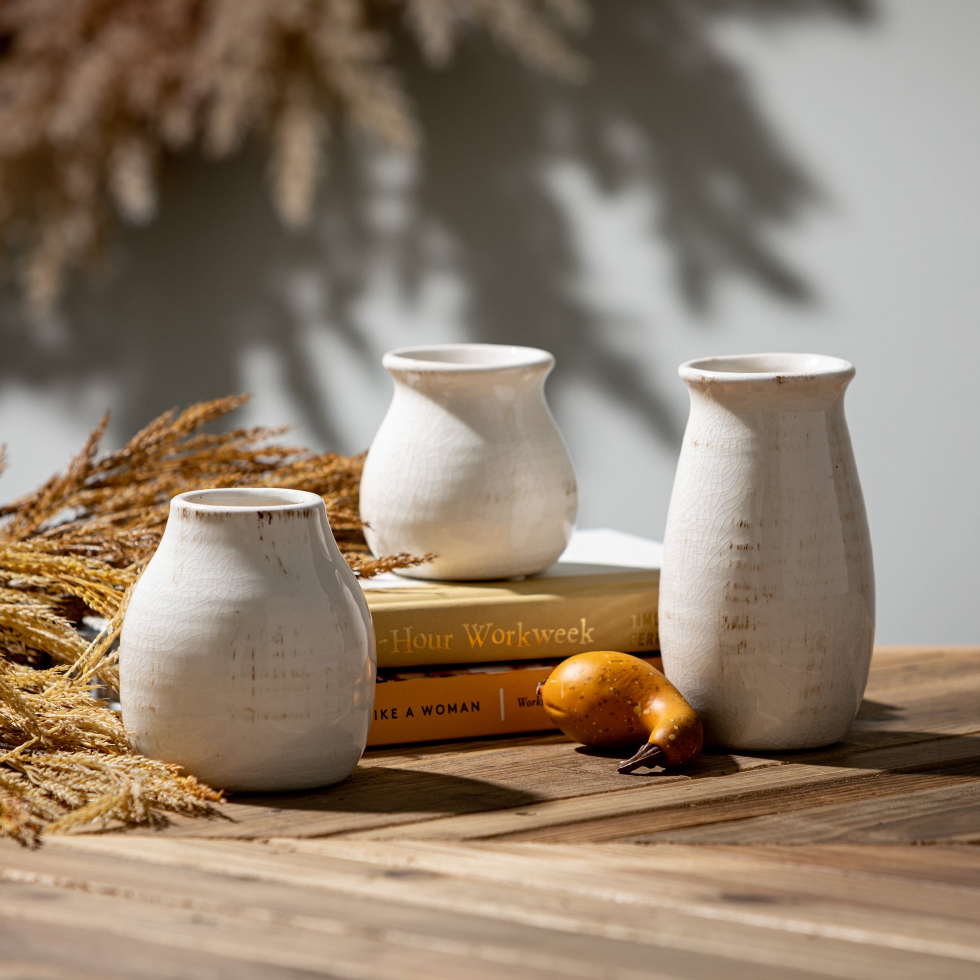 Petite Ceramic Bud Vases Set, Off-White, Modern Farmhouse Design