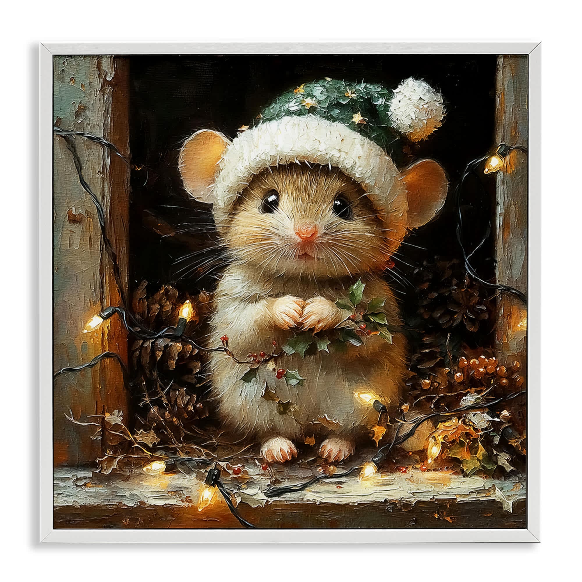 Stupell Industries BT-939-WFR-12X12 Barn Mouse with Christmas Lights White Framed Giclee Art By Riley B 12 x 12