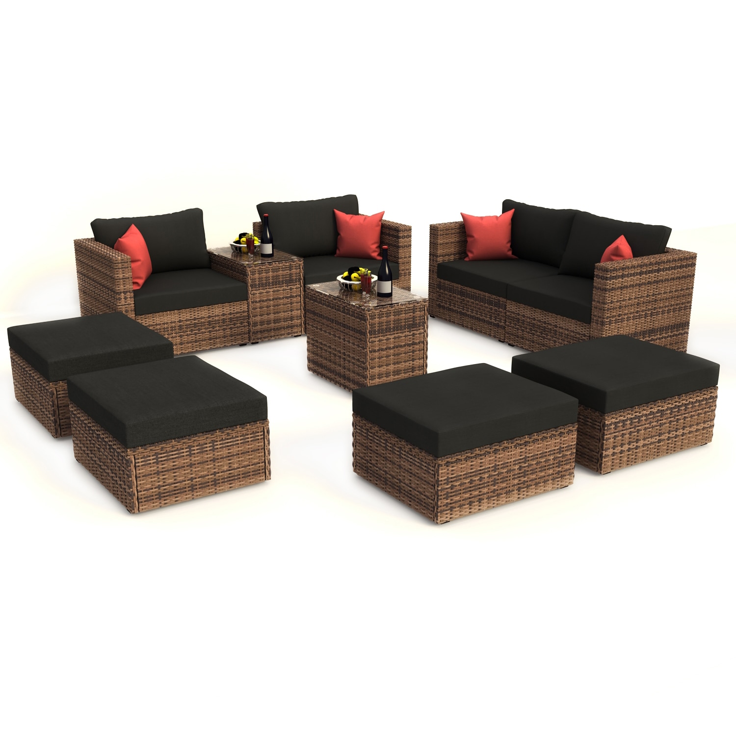 SINOFURN SYA990036BK 10 -Piece Rattan Patio Conversation Set with Black Cushions