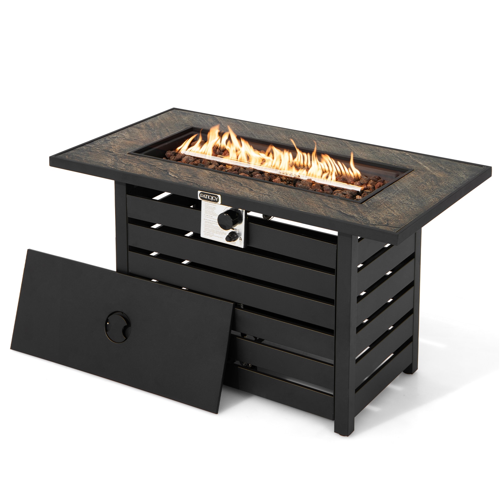 Slickblue D-CO-16401PN 42 Inch W- Black Steel Fire Pit Table with Stainless Steel Burner and Lava Rocks Rectangular Ore Powder Top – Propane Outdoor Patio Deck Backyard