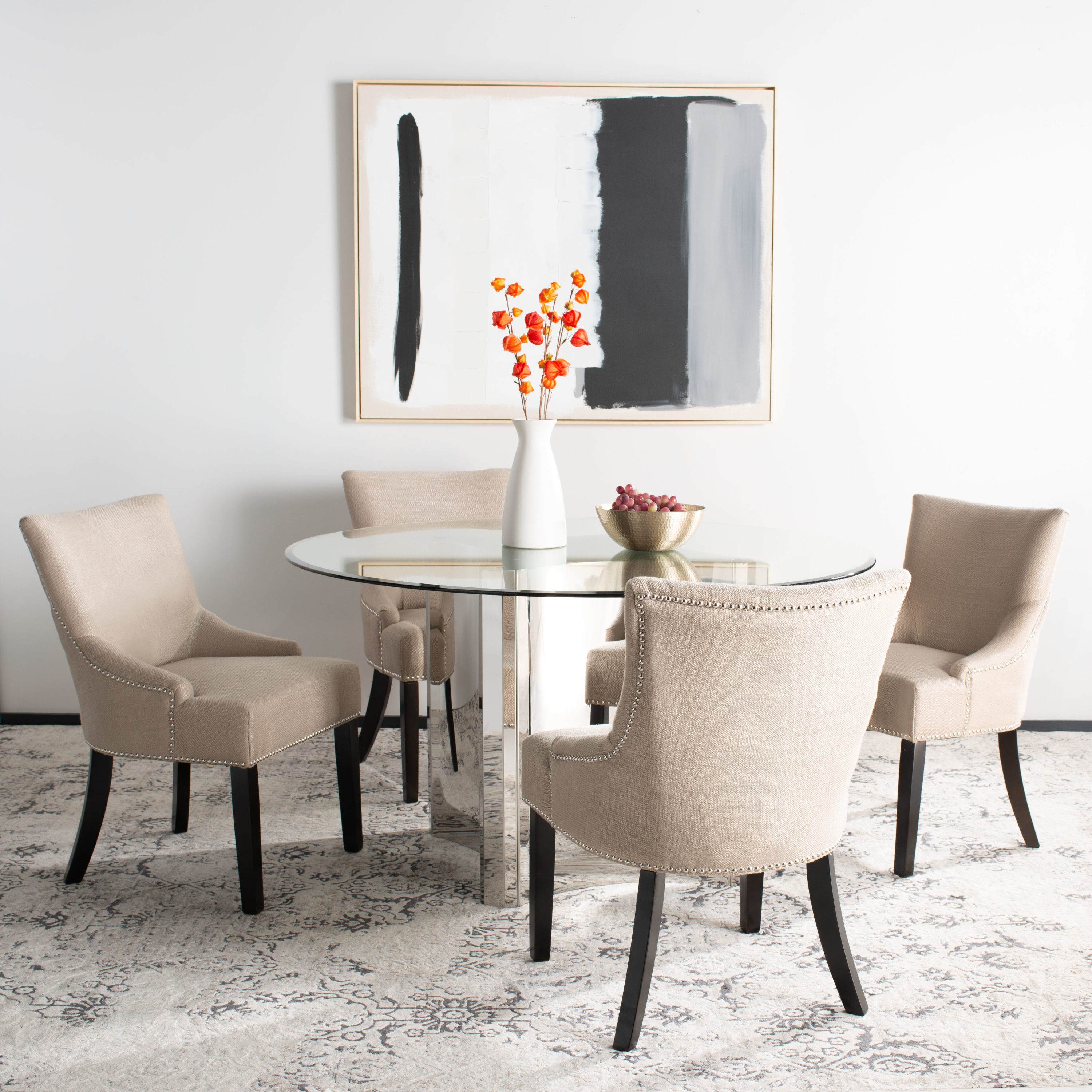Beige Linen Upholstered Parsons Side Chair with Wood Legs