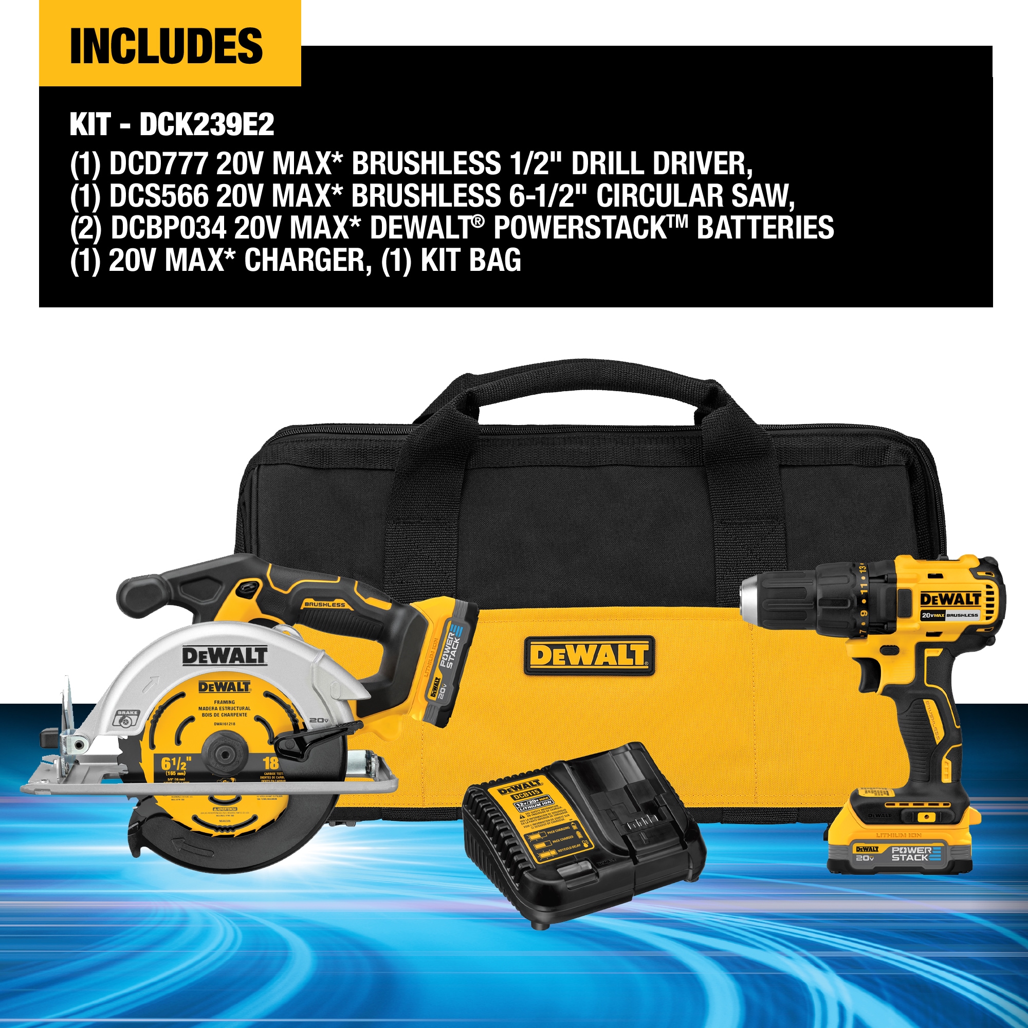 DEWALT 20V MAX Brushless Cordless Circular Saw and Drill Combo Kit with DEWALT  POWERSTACK Compact Batteries in the Power Tool Combo Kits department at 