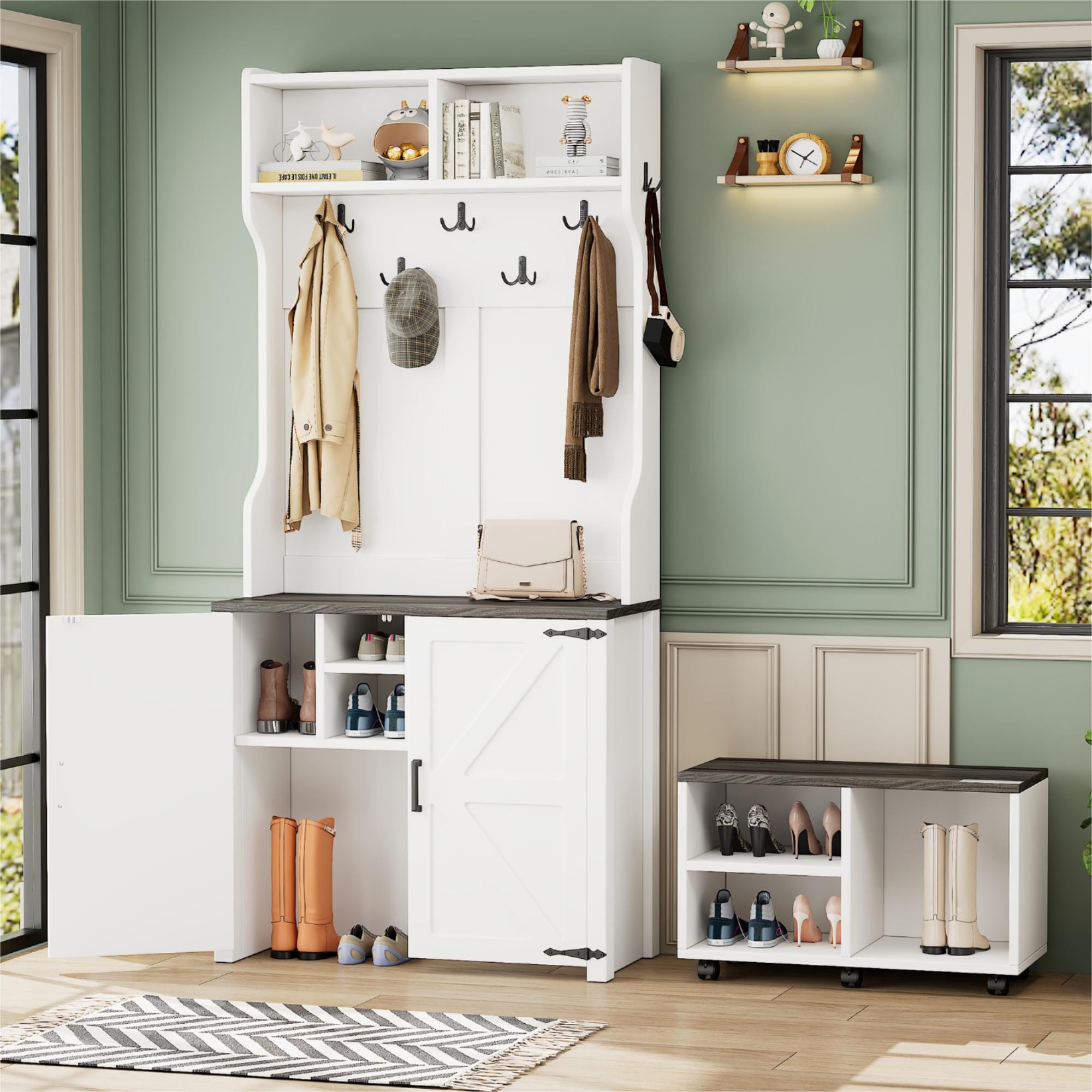 ModernLuxe N721P205788K Farmhouse 4in1 Hall Tree with Barn DoorsMovable Bench with 7 Hanging Hooks and Shoe Storage Cabinet76.9inchH Entryway Coat Rack with 6 Brake Wheels for HallwayLiving RoomWhite
