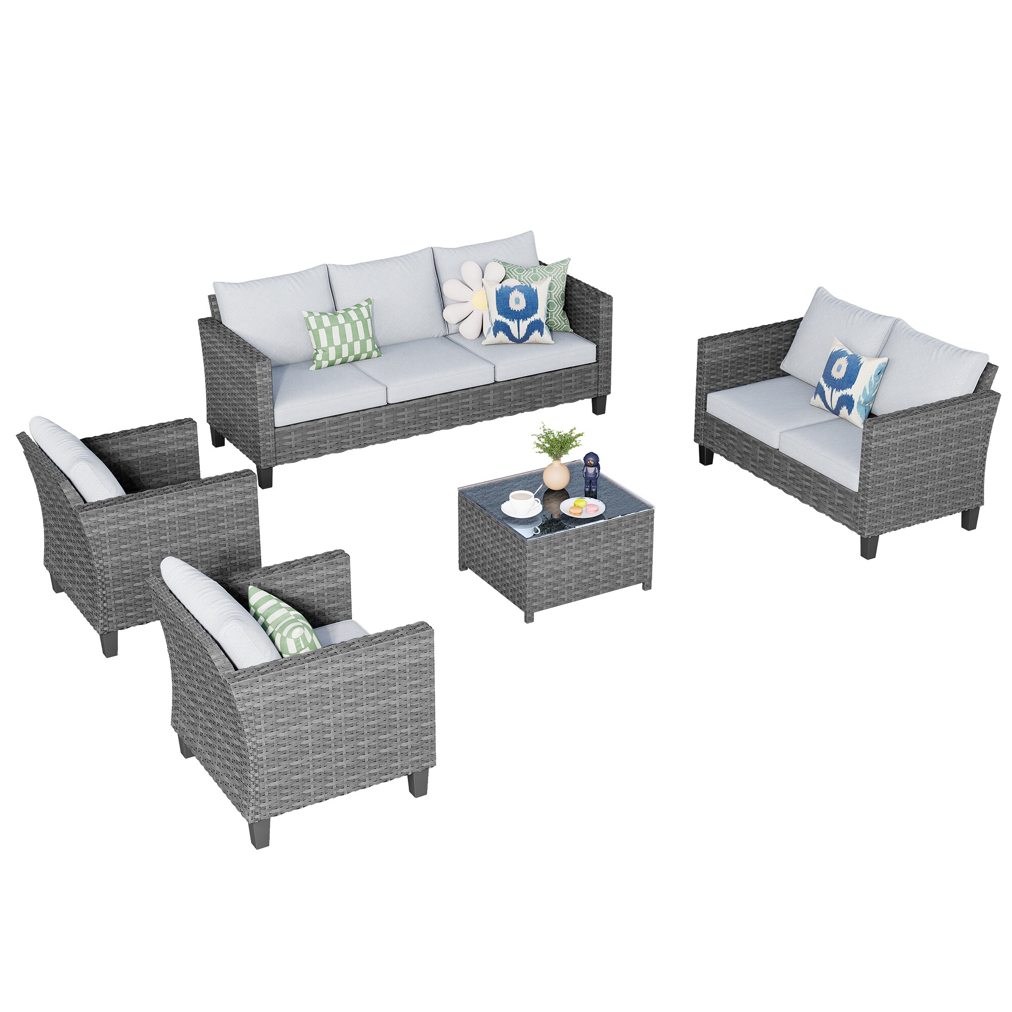 XIZZI Gaea 5-Piece Rattan Patio Sofa Conversation Set with Gray ...