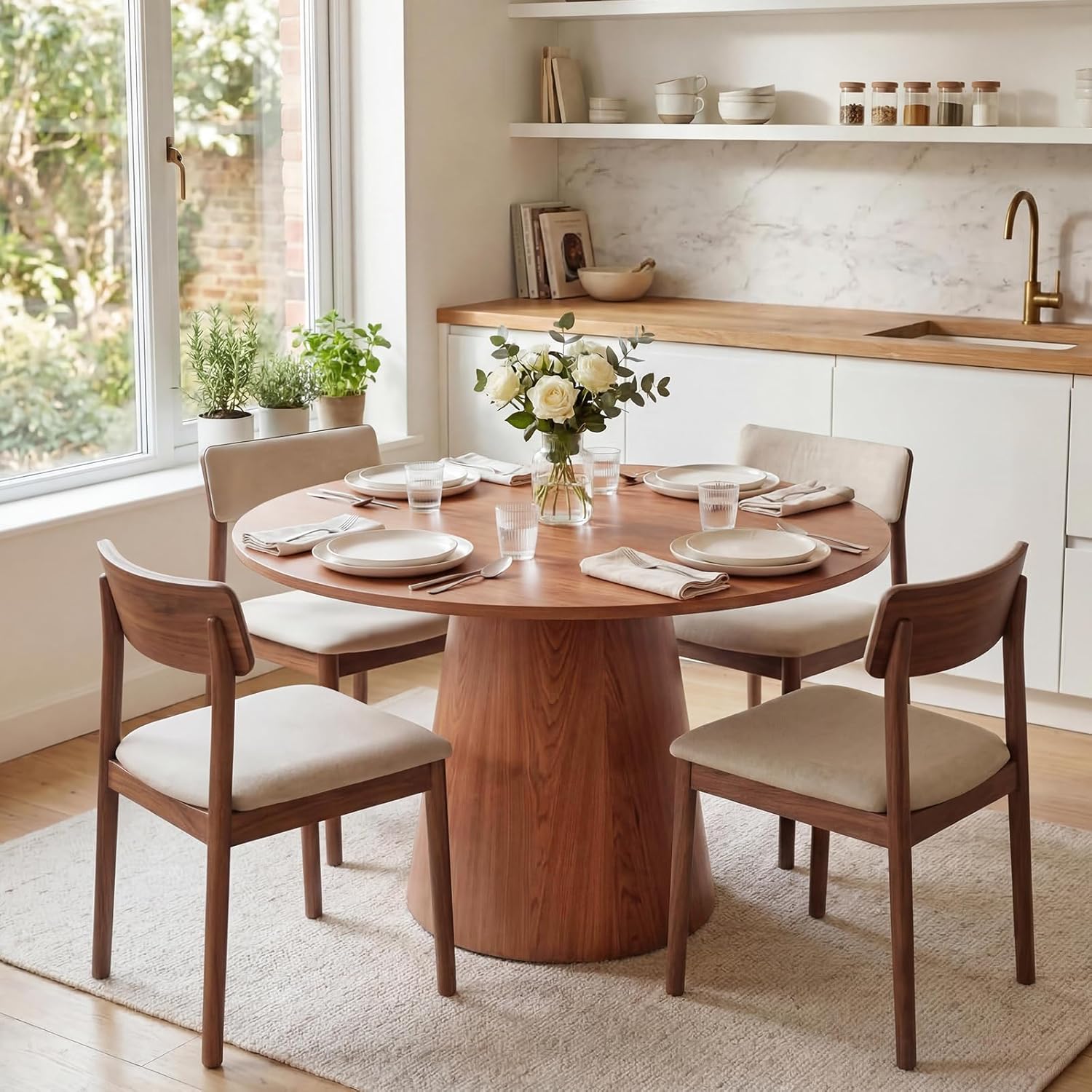 IdealHouse 43 in Round Dining Table for 4 to 6 People Wooden Dining Room Table with Pedestal Base Modern Farmhouse Kitchen Table for Home Dining Room