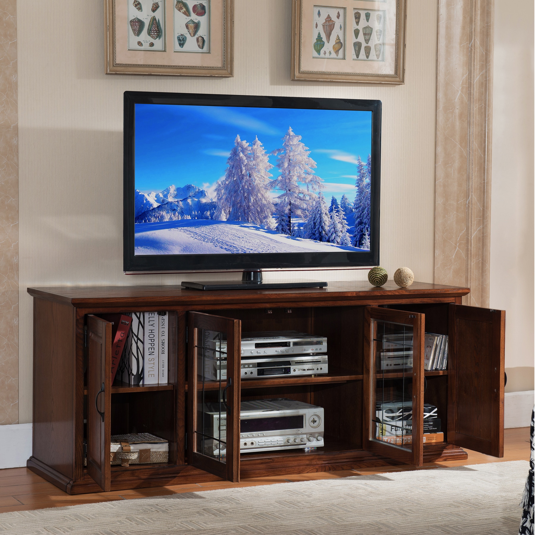 Burnished Oak 60" TV Stand with Leaded Glass Cabinet