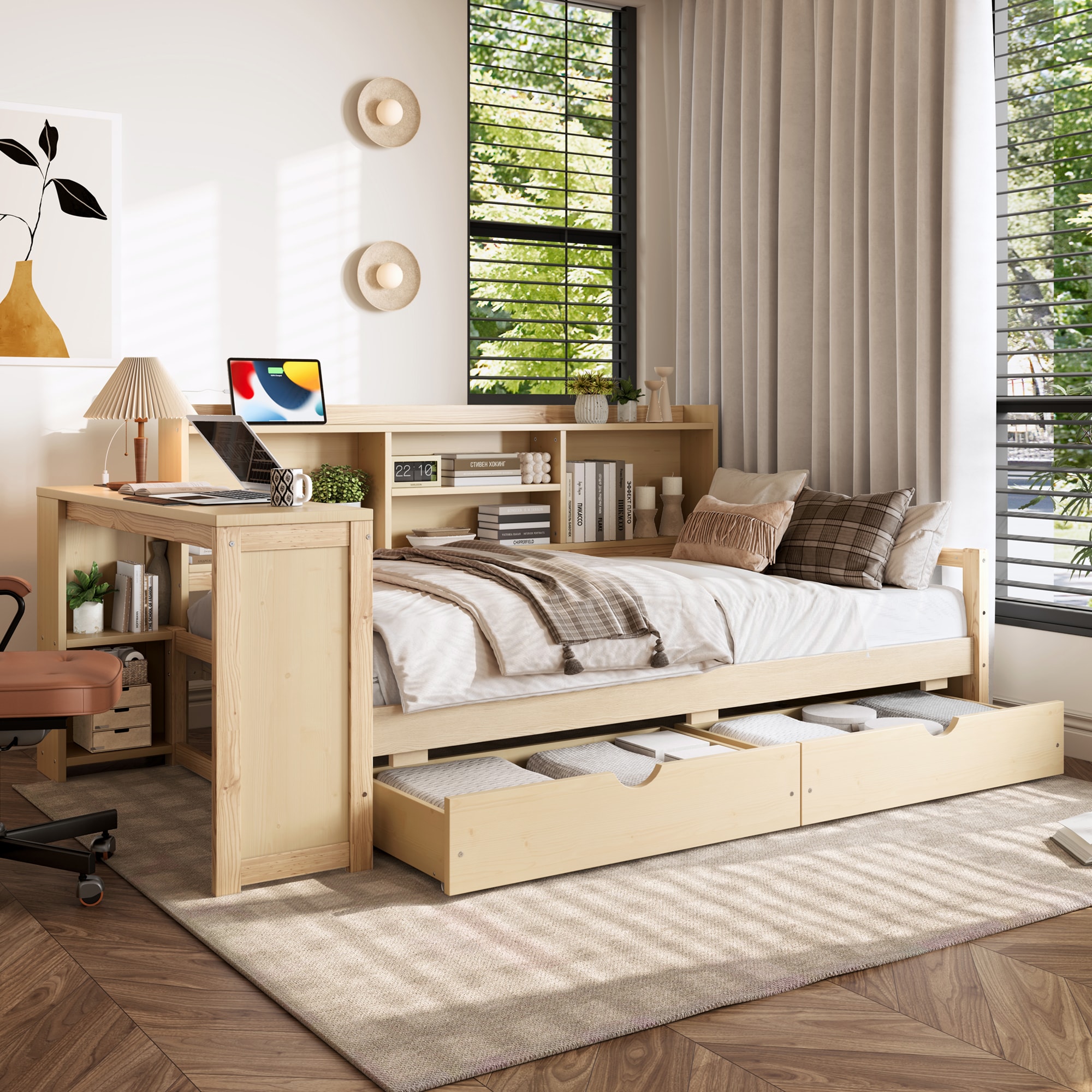 Bellemave Twin Size Daybed with Storage Drawers Desk and Charging Port Wooeden Corner Bed Frame with Bookcase for Kids Teens Adults No Box Needed Natural