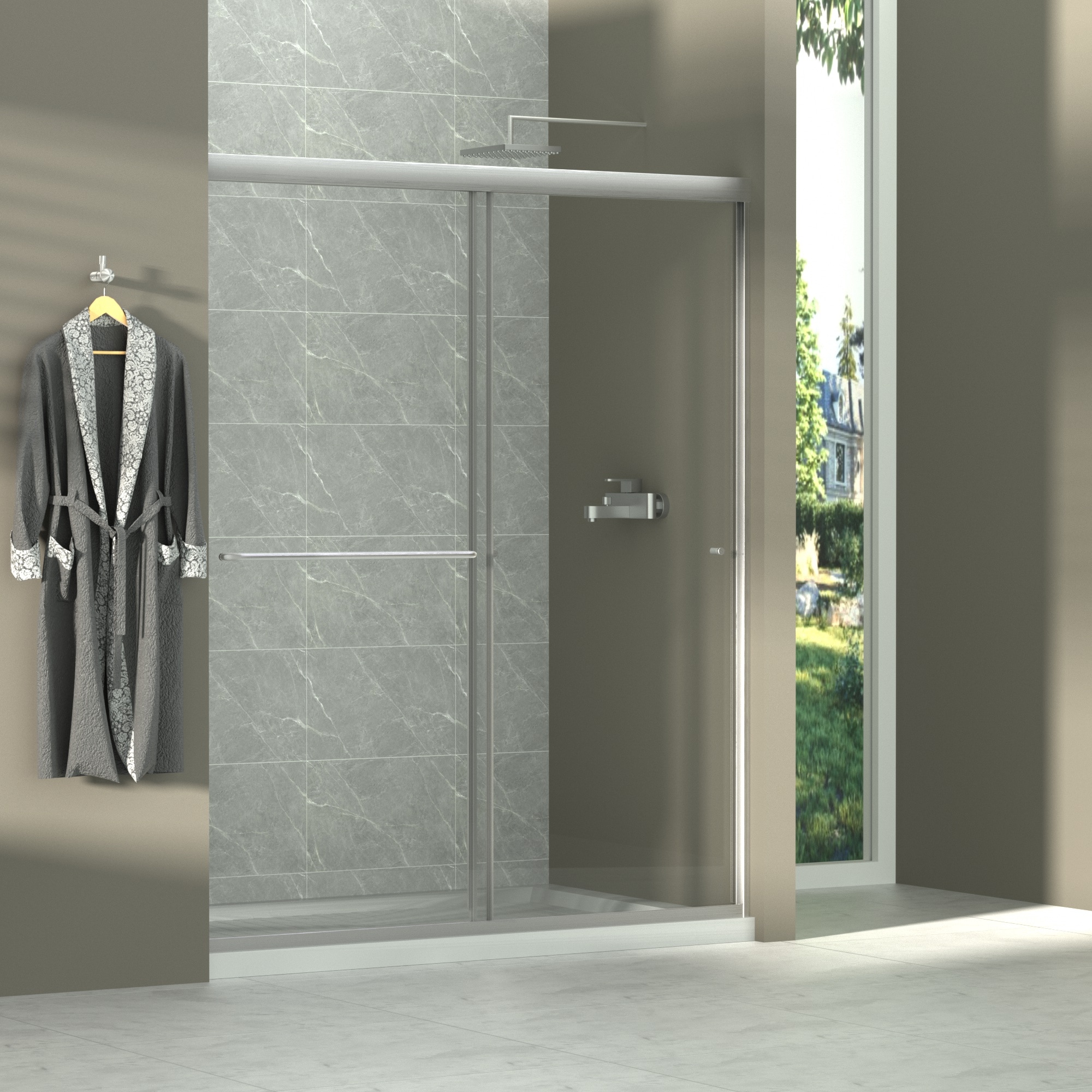 Forclover CBR-199553 Sliding Shower Door Polished Chrome 56-in to 60-in W x 70-in H Semi-frameless Sliding Shower Door 1/4-in Thick Clear Glass