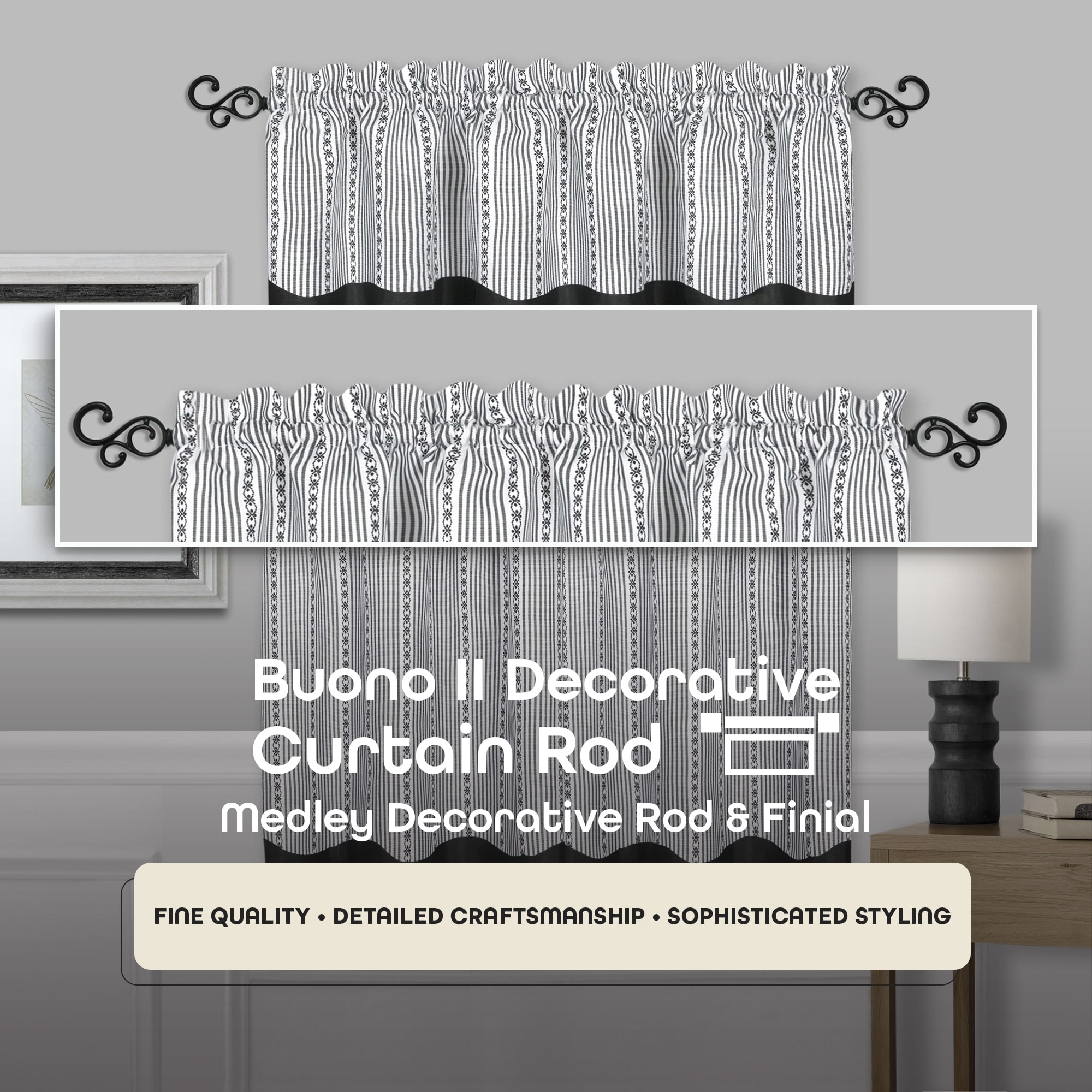 Buono II Black Metal Decorative Curtain Rod with Finial, 66-120"