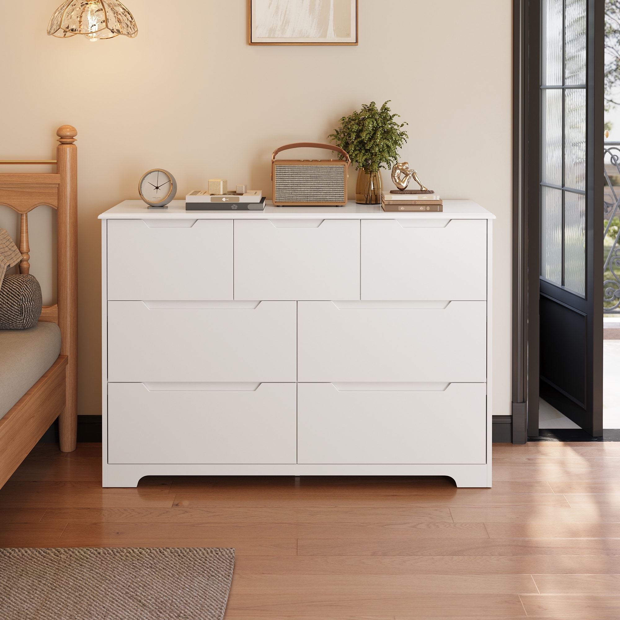 design dresser T4TREAM Fluted 6 Drawers for Bedroom, 54" Wide Modern Chest of Drawers with Thickened Curved Profile Design, Wood Dressers TV Stand for Bedroom, Living Room, Hallway, Natural Oak : Home resistant surface can be cleaned with a dry cloth Ebern Designs Maud Modern 8