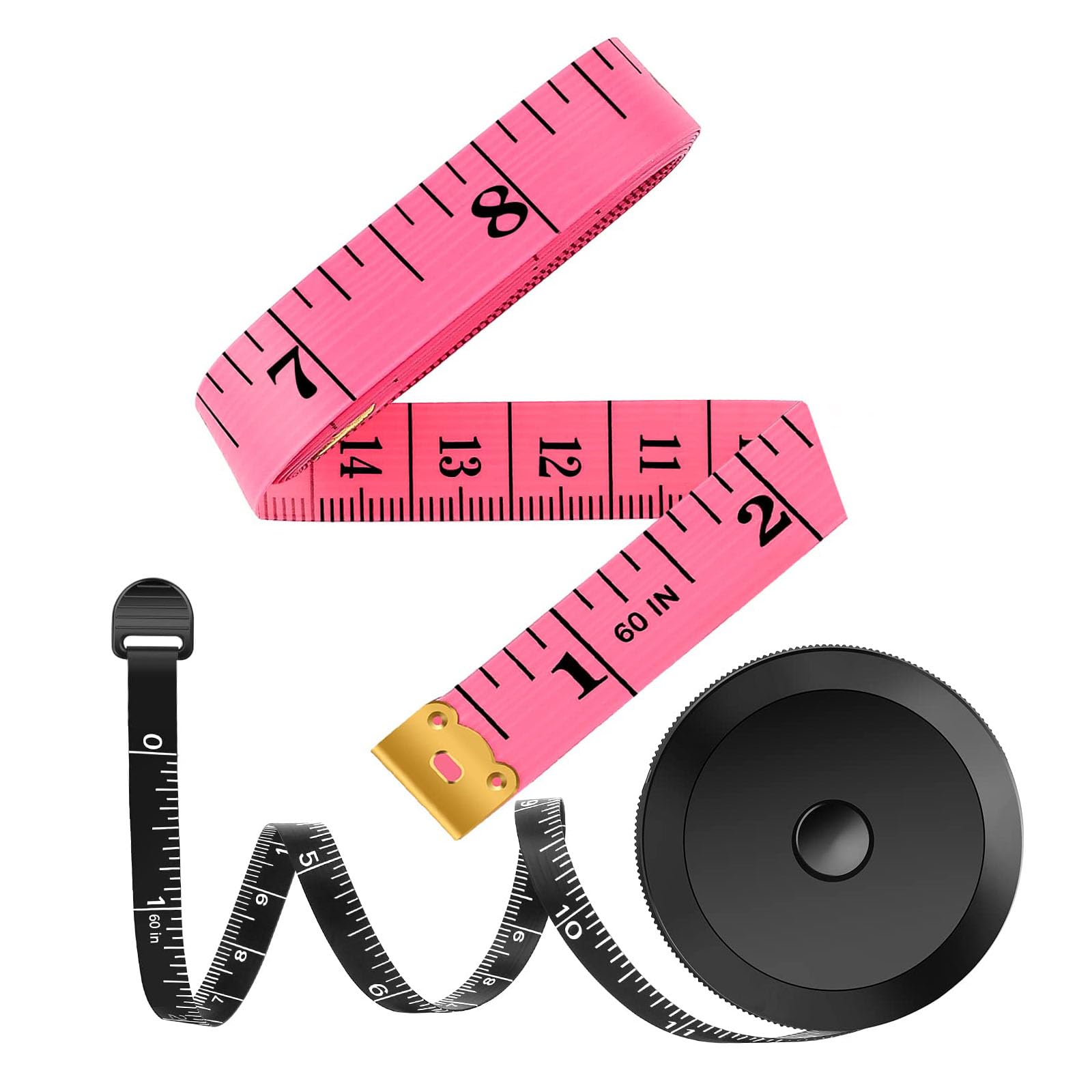 Phewnyzo  2 pack measuring tape set 60 inch soft pink tape and retractable black tape for body sewing tailor fabric craft measurements double
