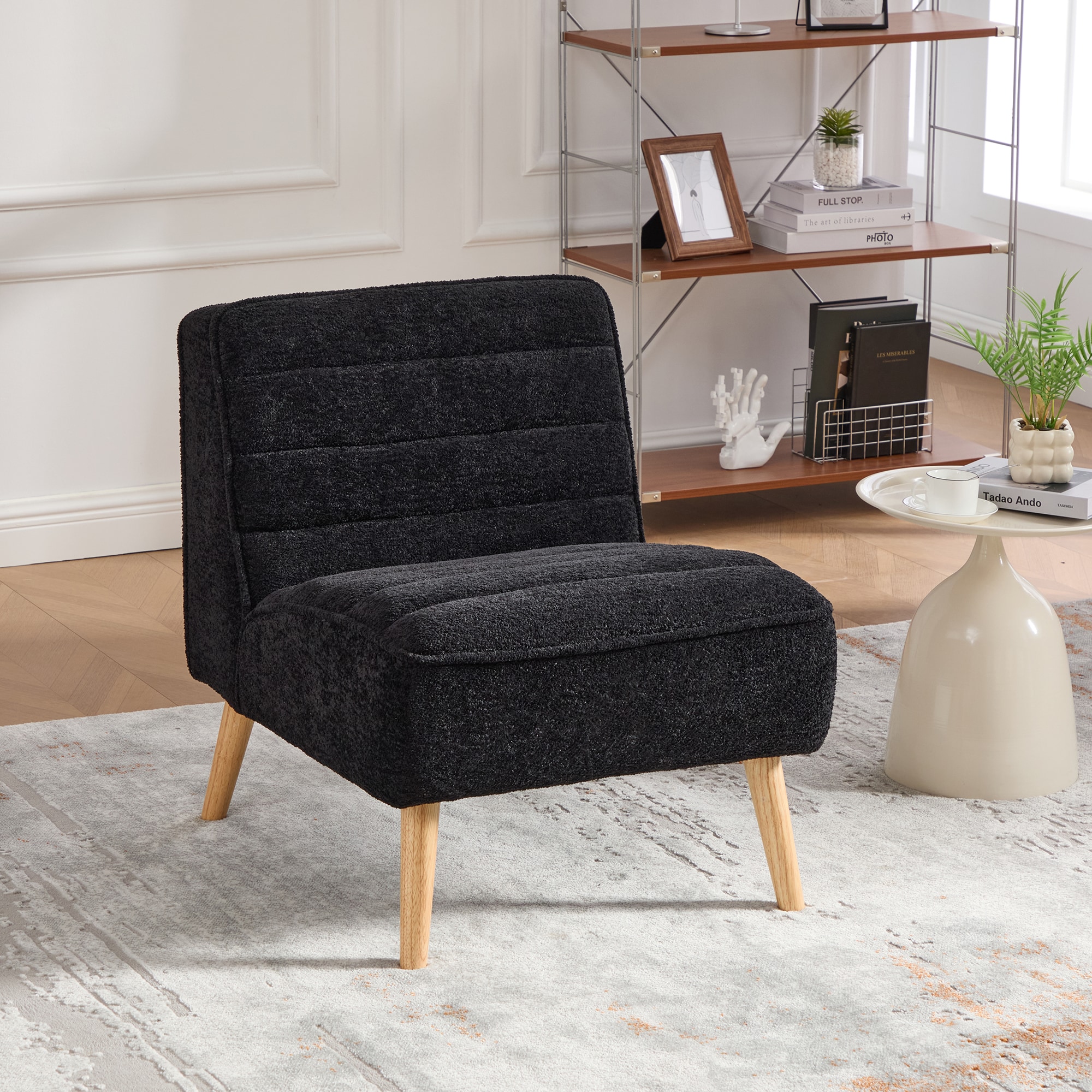 Boyel Living 24.4 inch Modern Upholstered Armless Accent Chair with Rubberwood Legs Chenille Small Chair for Living Room Bedroom Black