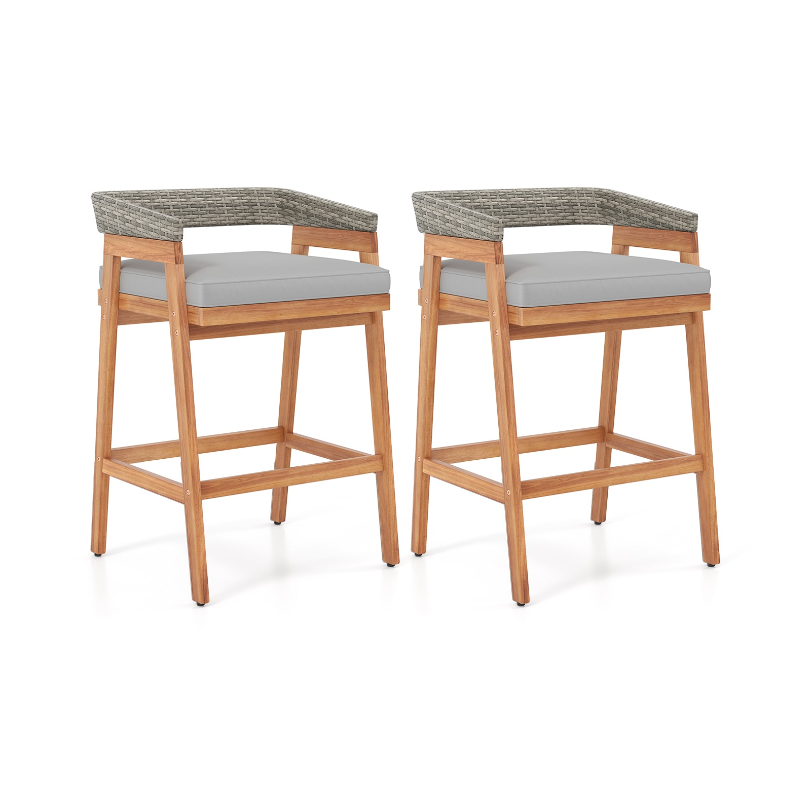  AA222GR Patio Chairs Set of 2 Rattan Brown Wood Frame Stationary Bar Stool Chair with Gray Woven Seat