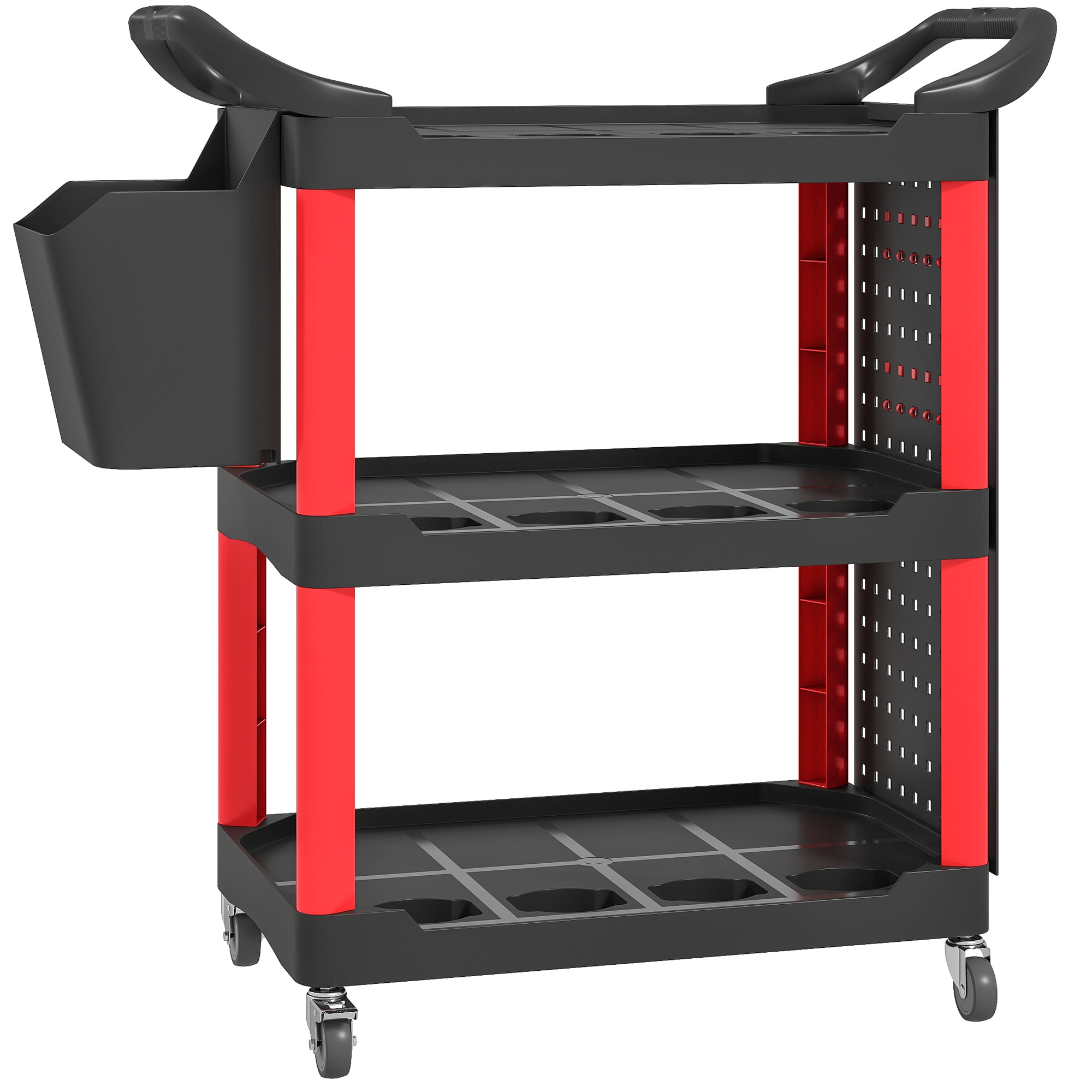 HomCom  3 Tier Utility Cart on Wheels Rolling Tool Storage with Pegboards and Bucket 200 LBS Load Capacity Plastic Service Cart for Garage Warehouse Workshop Black and Red