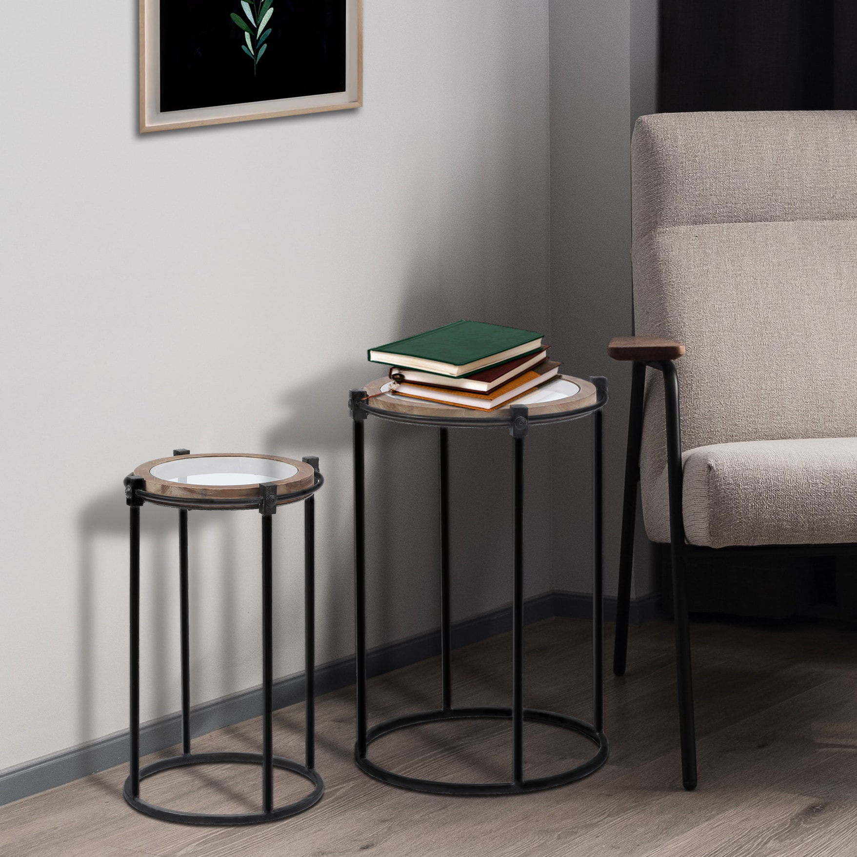 LuxenHome 2-Piece Black Metal and Glass Round Accent Tables