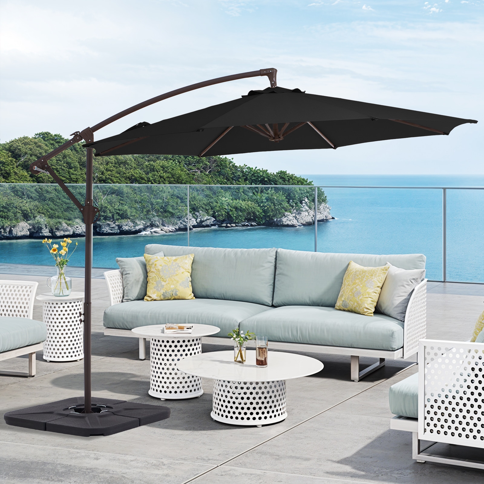 JEAREY EDSCXJS+SD-10FT-BK 10-ft Aluminum Black Crank Offset Patio Umbrella with Base