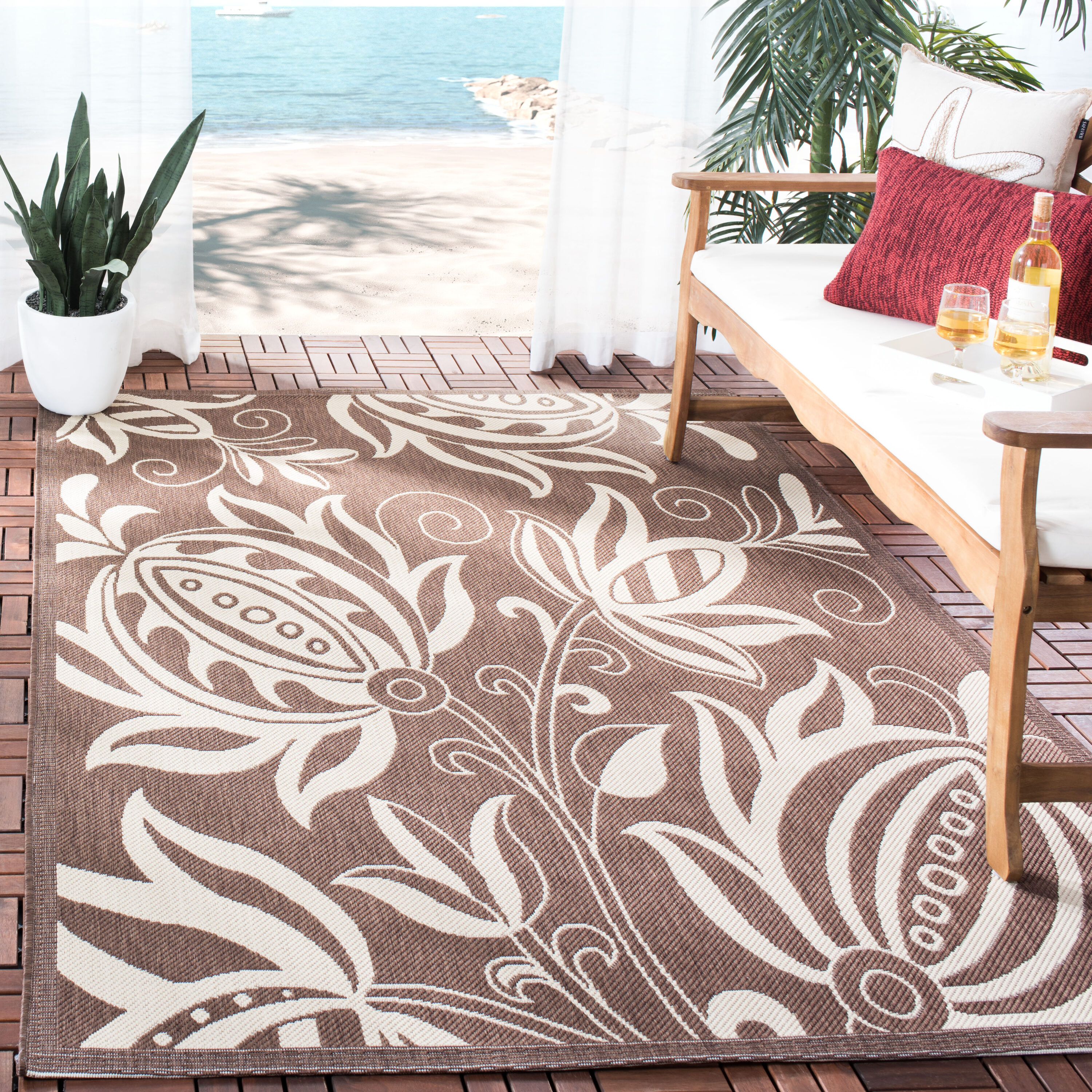 Safavieh CY2961-3409-4 Courtyard Blossums 4 x 6 (ft) Loomed Polypropylene Chocolate/Natural Rectangular Indoor/Outdoor Floral/Botanical Coastal Area rug