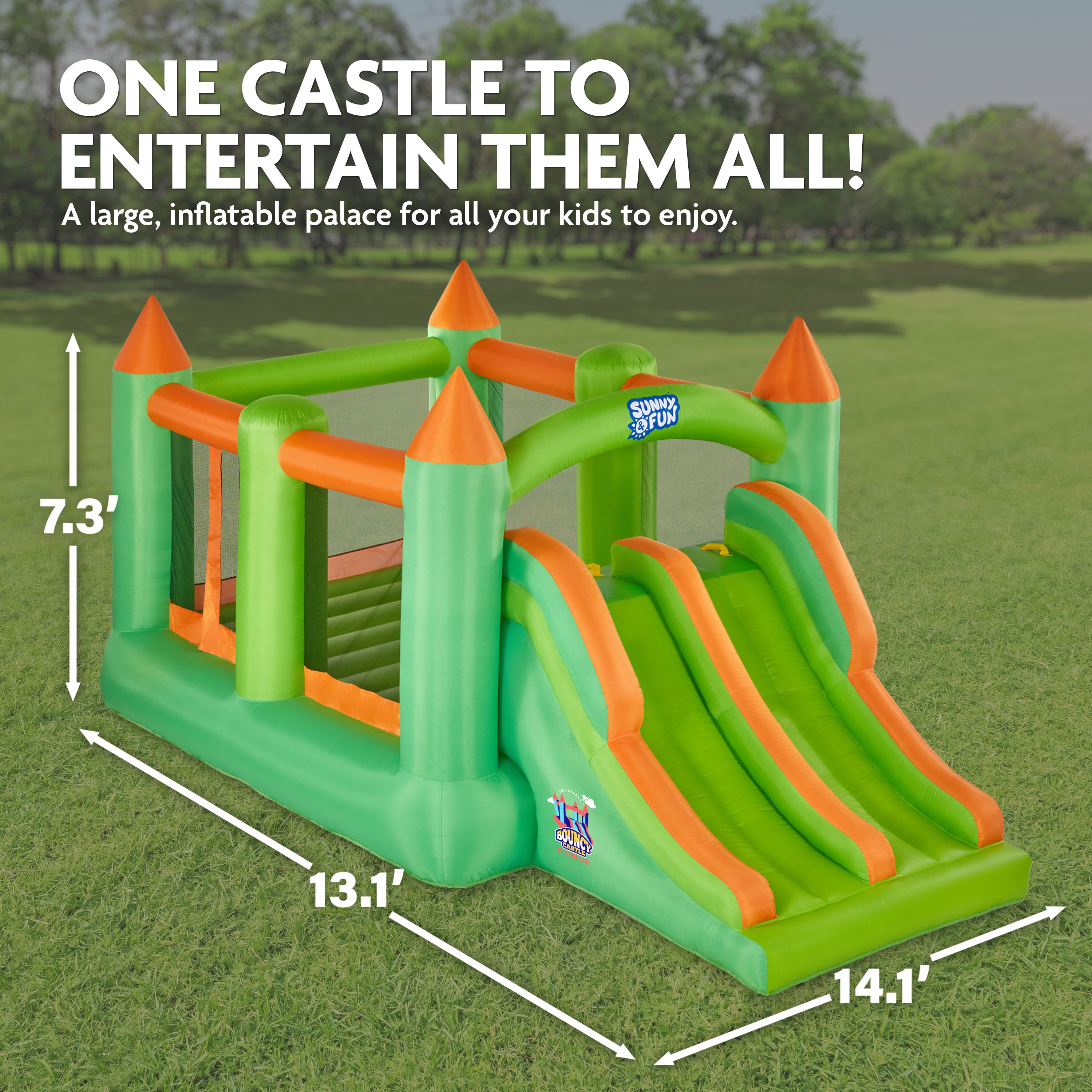 Sunny & Fun Inflatable Bouncy Castle with Dual Slide – Heavy-Duty for Outdoor Fun Climbing Wall Slides Bounce House – Easy to Set Up & Inflate with Included Air Pump & Carrying Case 