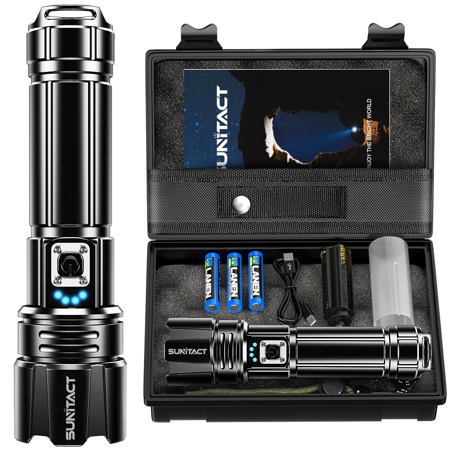 Sunitact 20000 Lumen 30W Rechargeable LED Flashlight with 5000ft Beam Range 5 Light Modes IP67 Waterproof USB Charging Power Bank Function for Camping Hiking Emergency Home Use