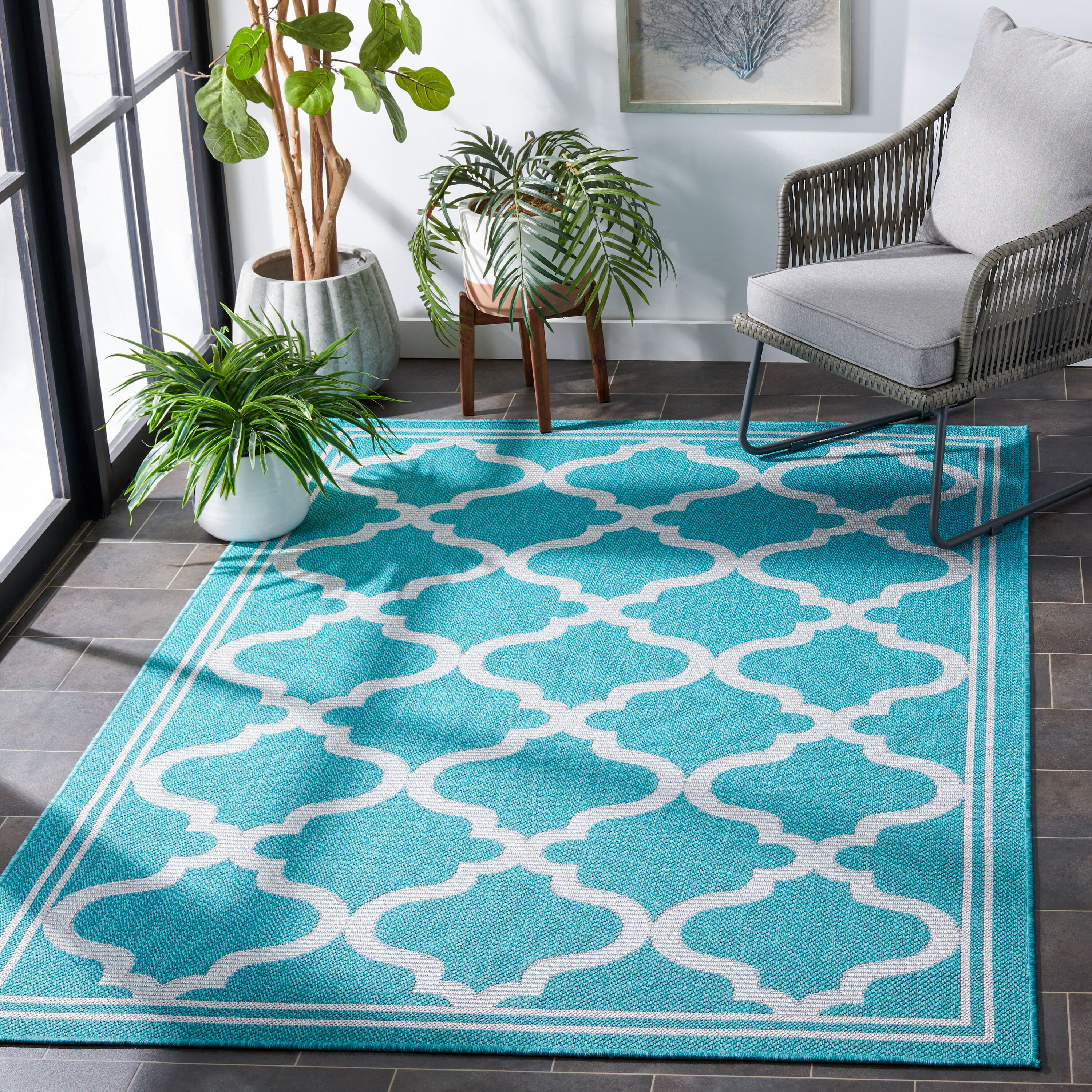 Safavieh BMU810J-7SQ Bermuda 7 x 7 (ft) Synthetic Aqua/Gray Square Indoor/Outdoor Geometric Machine washable Area rug