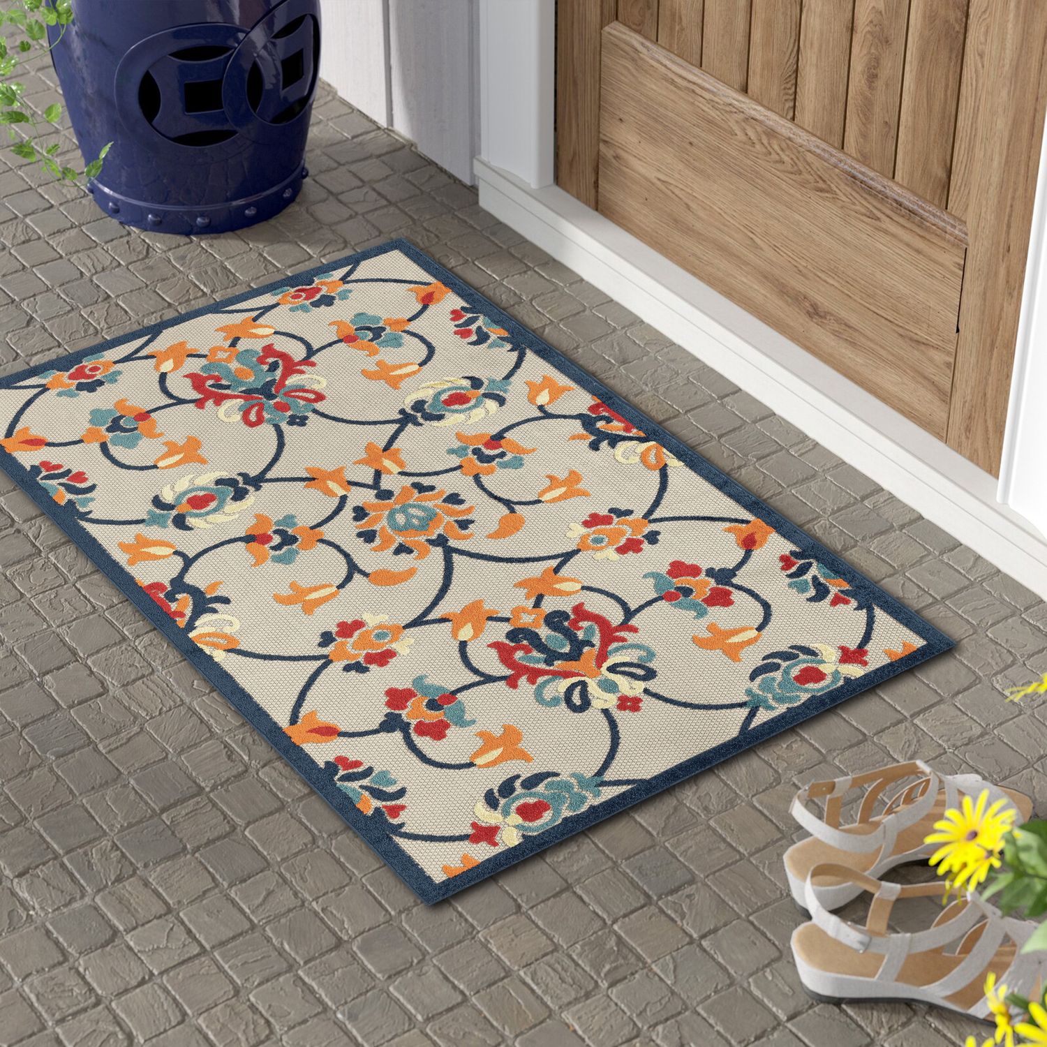 Orange Floral Rectangular Synthetic Outdoor Rug, 5' x 8'