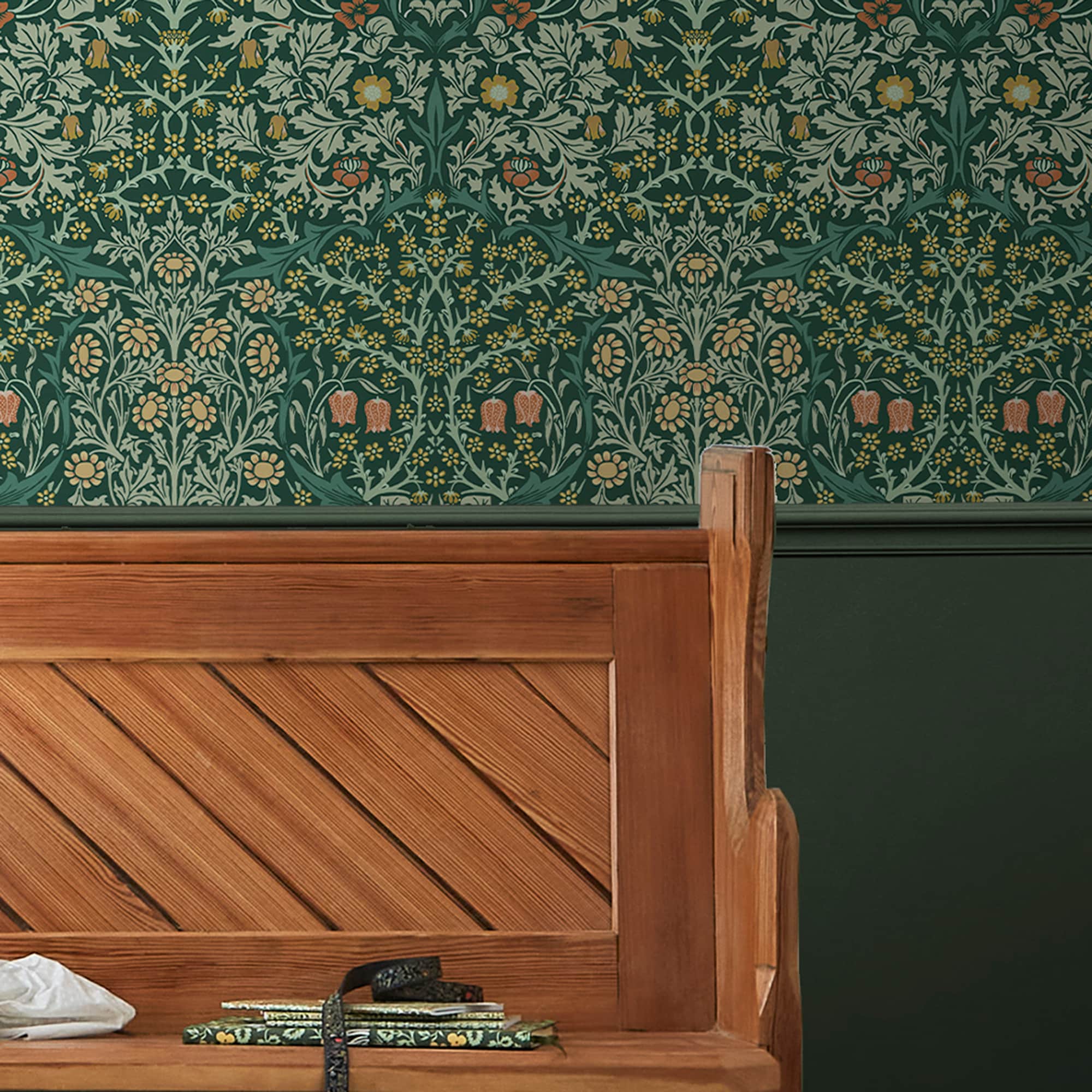 William Morris Deep Green Floral Vinyl Wallpaper Double Roll