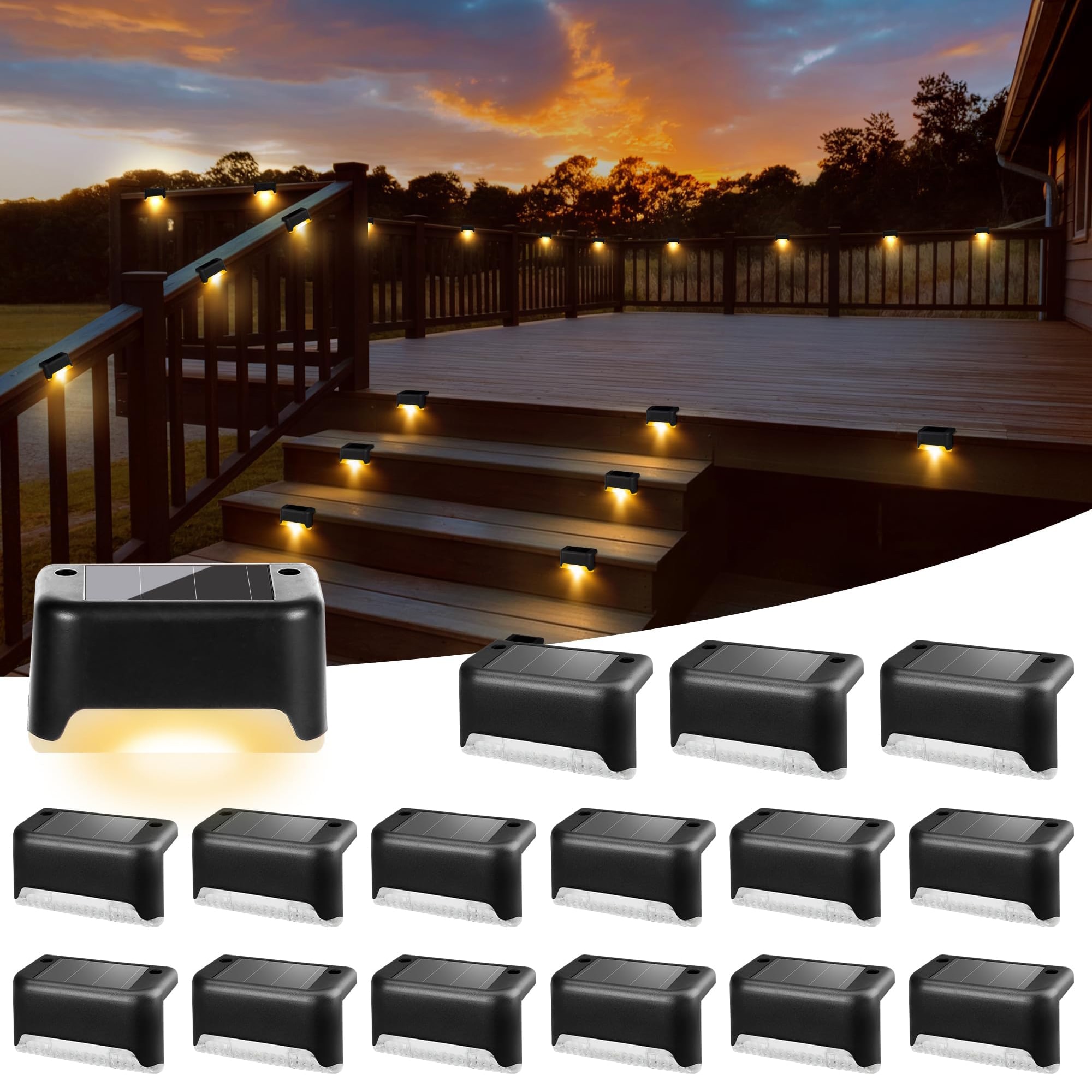 Afoxsos 16 Pack Solar Deck Lights Outdoor Black Waterproof LED Step Lights for Stairs Fence Yard Garden Patio Pathway Warm White Easy Install