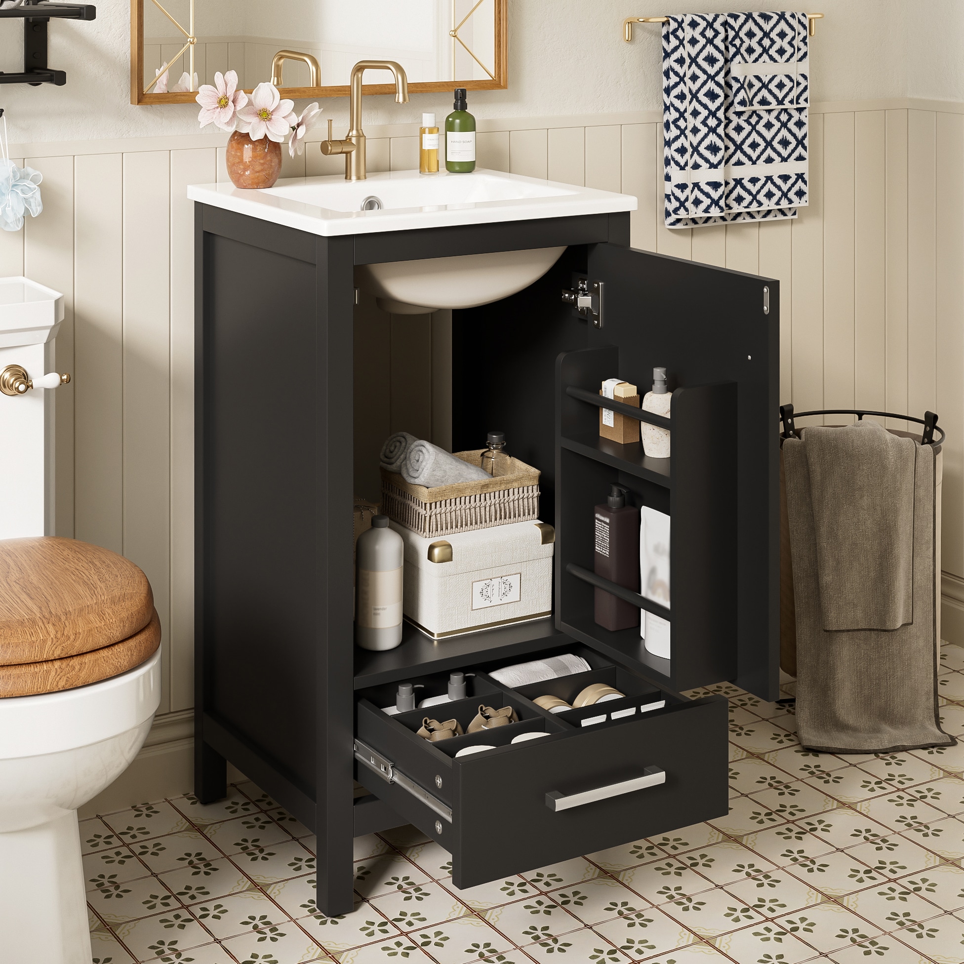 GDFStudio 345635 Ava Modern  18 Inch Bathroom Vanity with Ceramic Sink and Soft-close Drawers Black