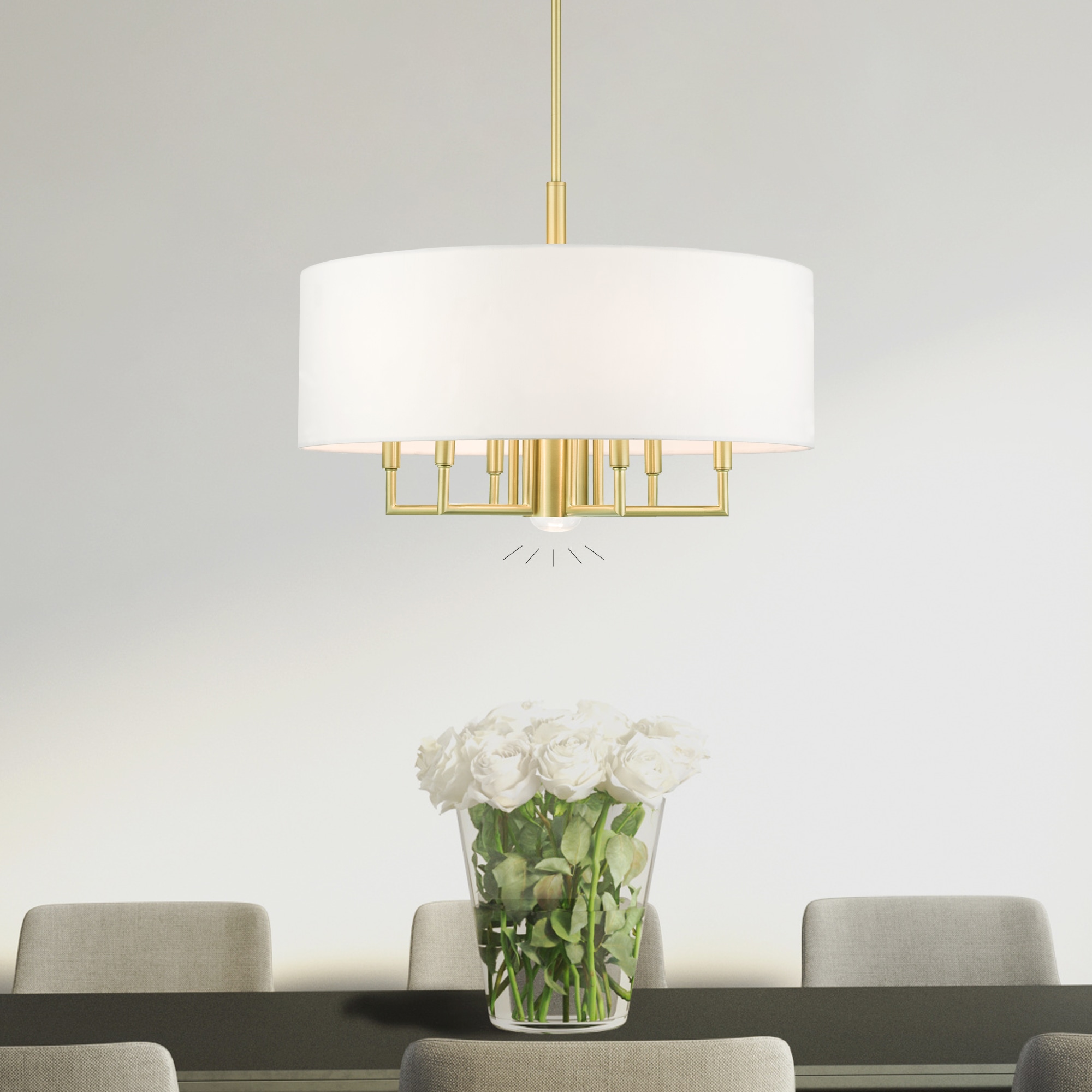 Meridian Satin Brass 7-Light Modern Drum Chandelier with Off-White Shade