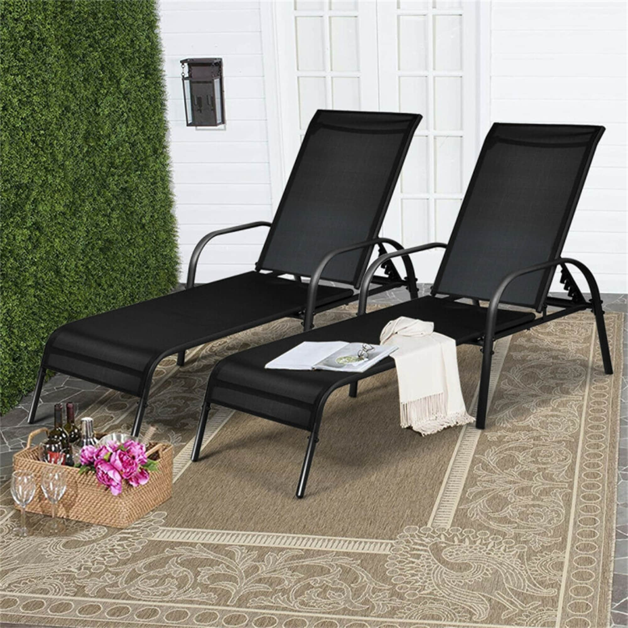 BABOOM Patio Lounge Chair Chaise Set of 2 Black Steel Frame Stationary ...