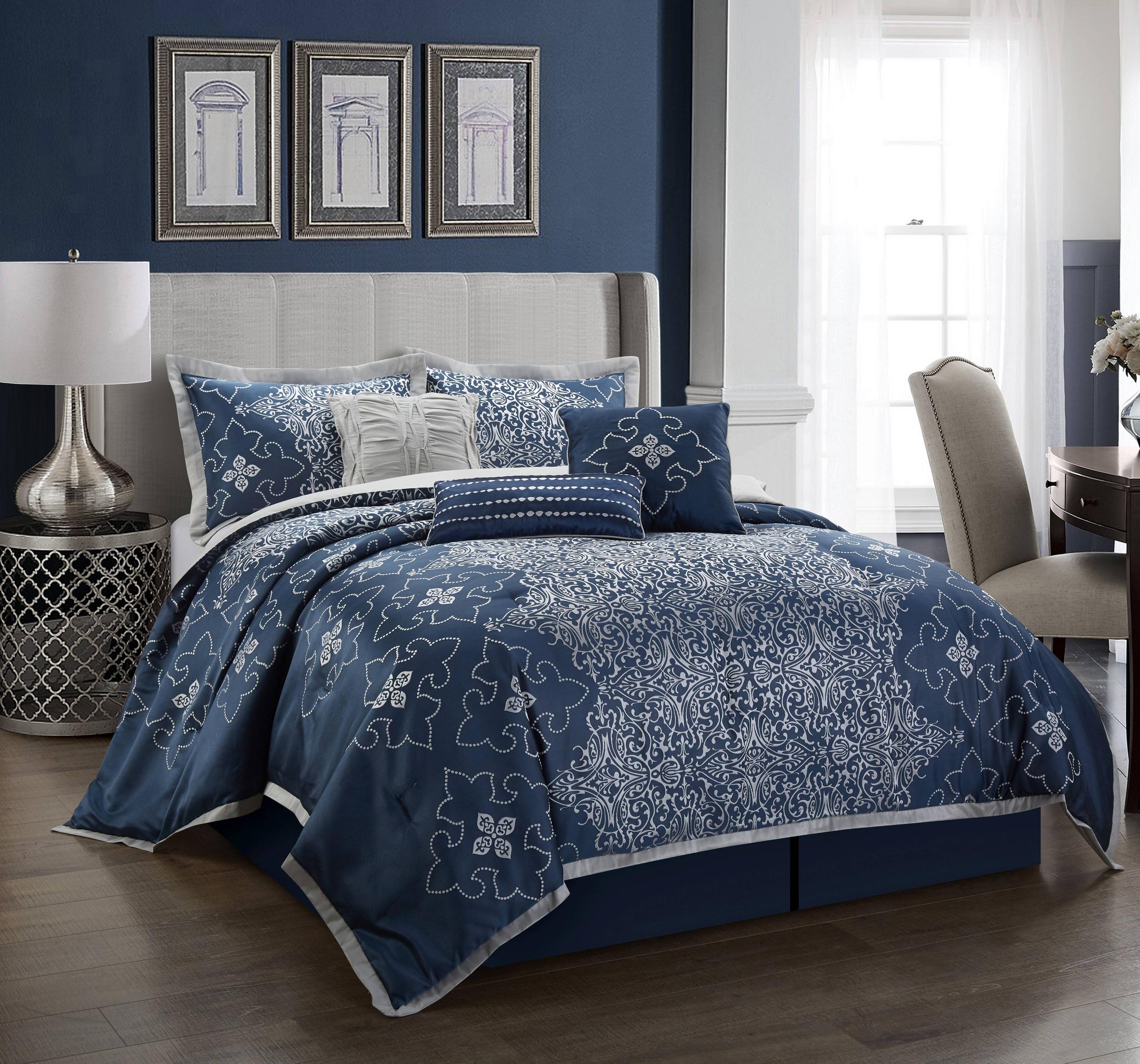 Hig 7 Pieces Blue Quilting Luxury Retro Style Comforter Set-Queen King Size - Queen 90x90in