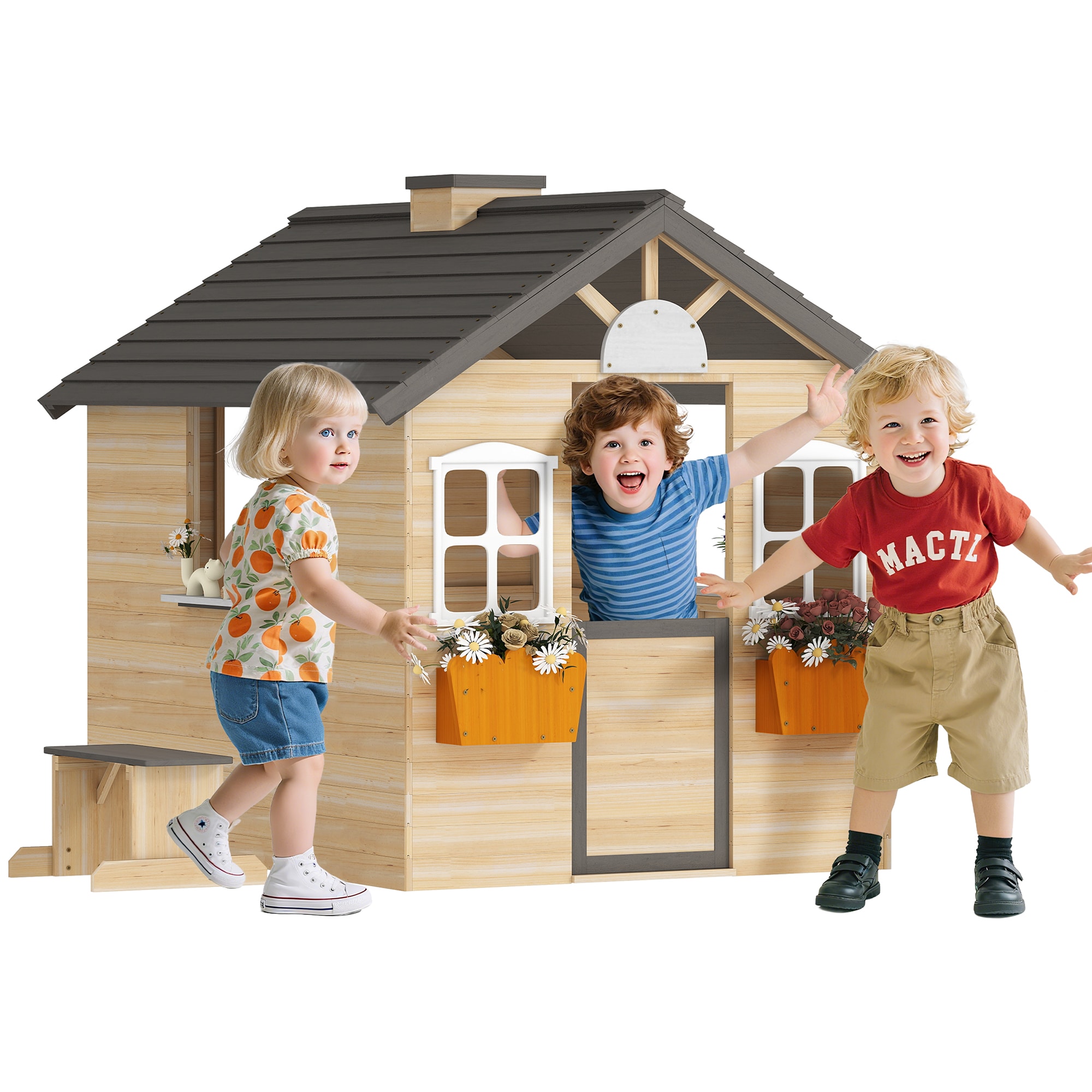 Outsunny 345-024 Wooden Playhouse for Kids Adventures Cottage with Working Door Windows Bench Service Station Flowers Pot Holder