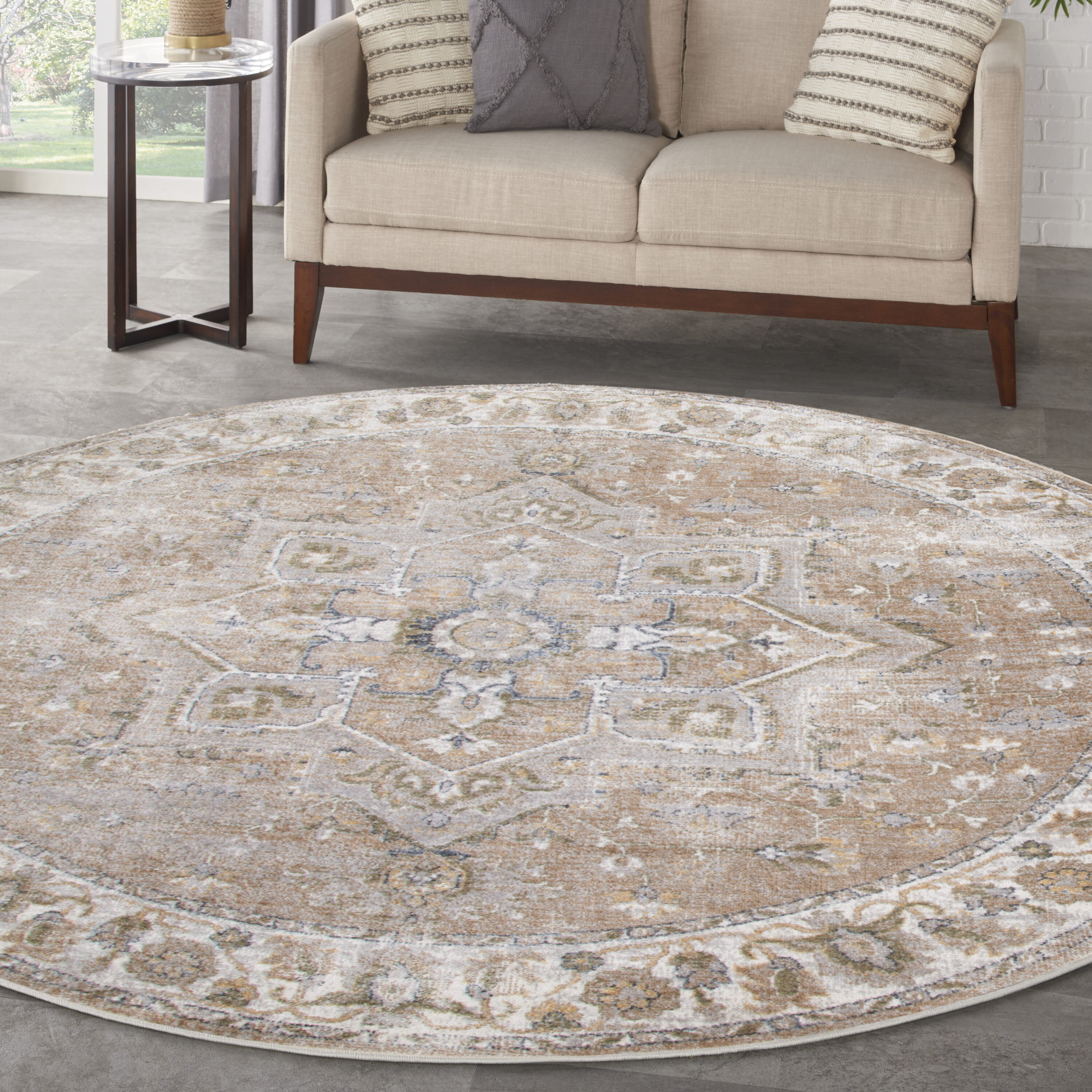Nourison Home 099446932990 5 x 5 (ft) Loomed Polyester Beige Round Indoor Persian Machine washable Area rug