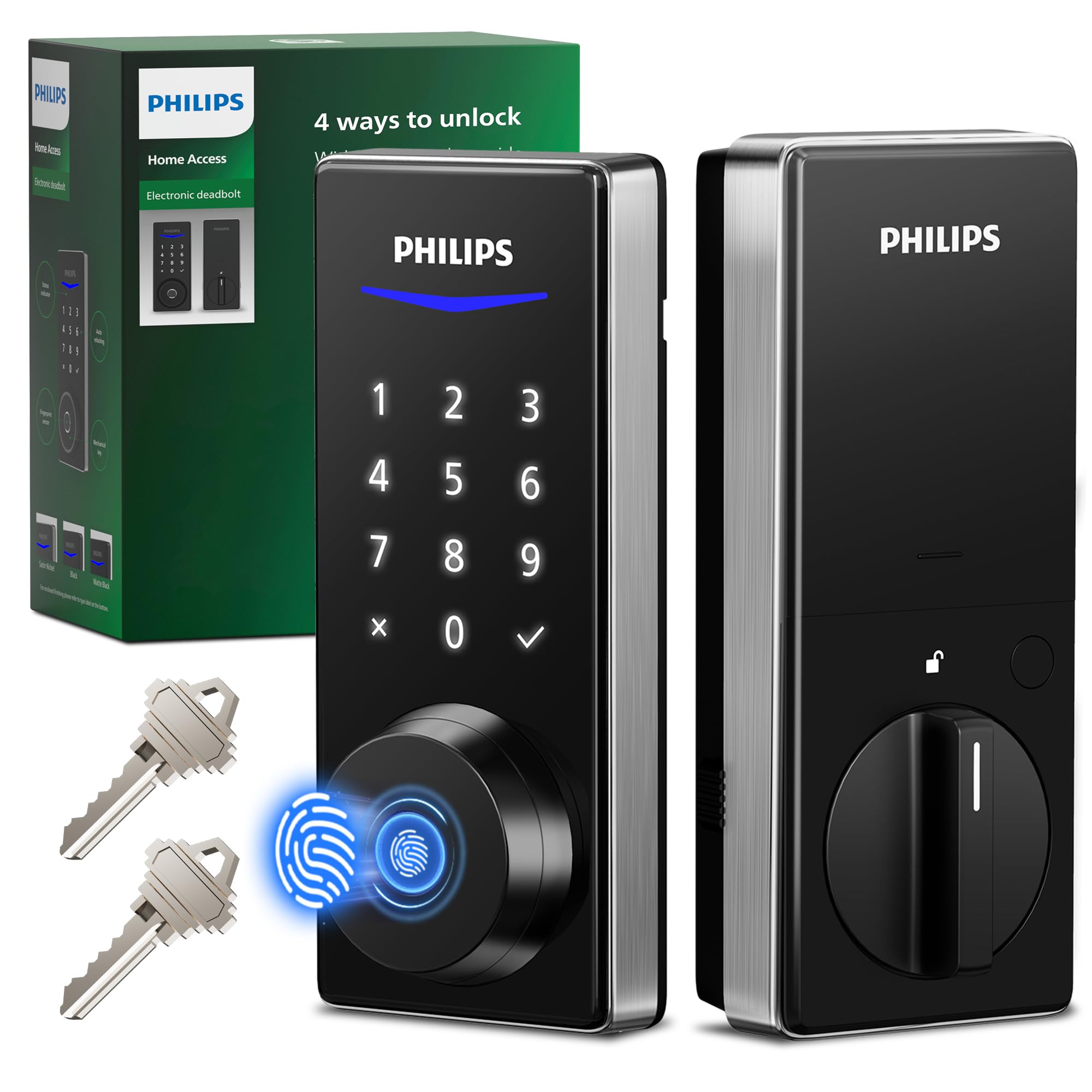 Philips Fingerprint Electronic Door Lock Keyless Entry Door Lock with Touchscreen Long-Last Battery Life Auto-Lock One-Time Code One-Touch Locking Satin Nickel #DIB-BJ-246702QTY-1