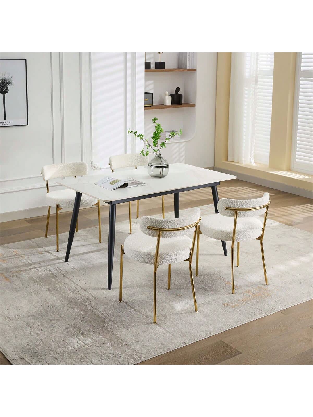 Qeetex PHO-13CCJ4Q3-HF4 Mid-Century Dining Chairs Set Of 2. Boucle Dining Room Chairs. Round Upholstered Chairs With Adjustable Legs