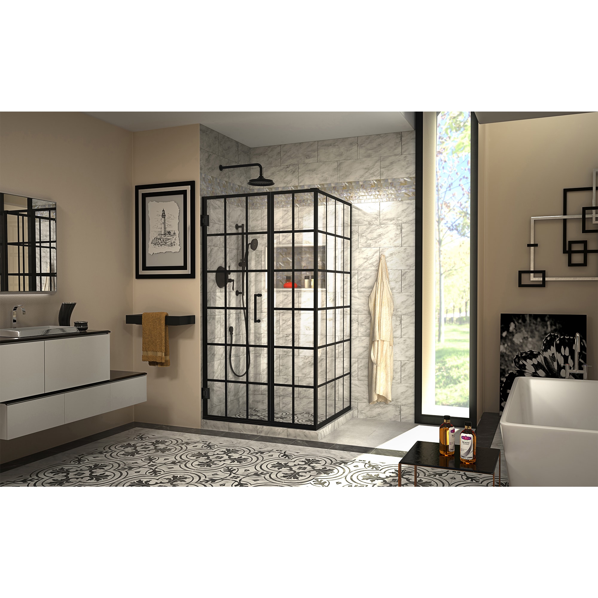 Toulon Black Frameless Hinged Shower Enclosure with Clear Glass