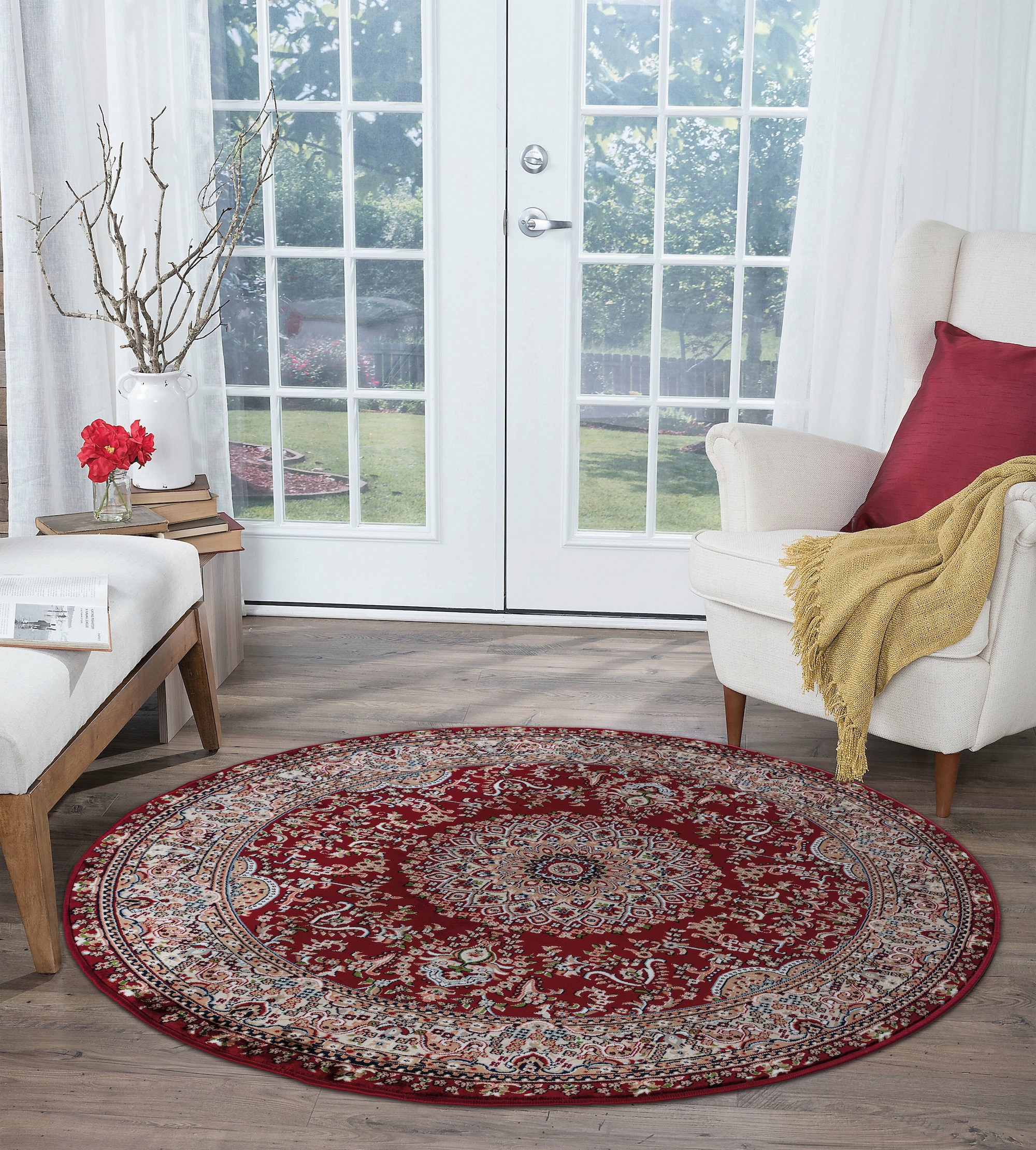 MDA Rugs PE1388 Prime 8 x 8 (ft) Polyester Red and Multicolor Round Indoor Medallion Area rug