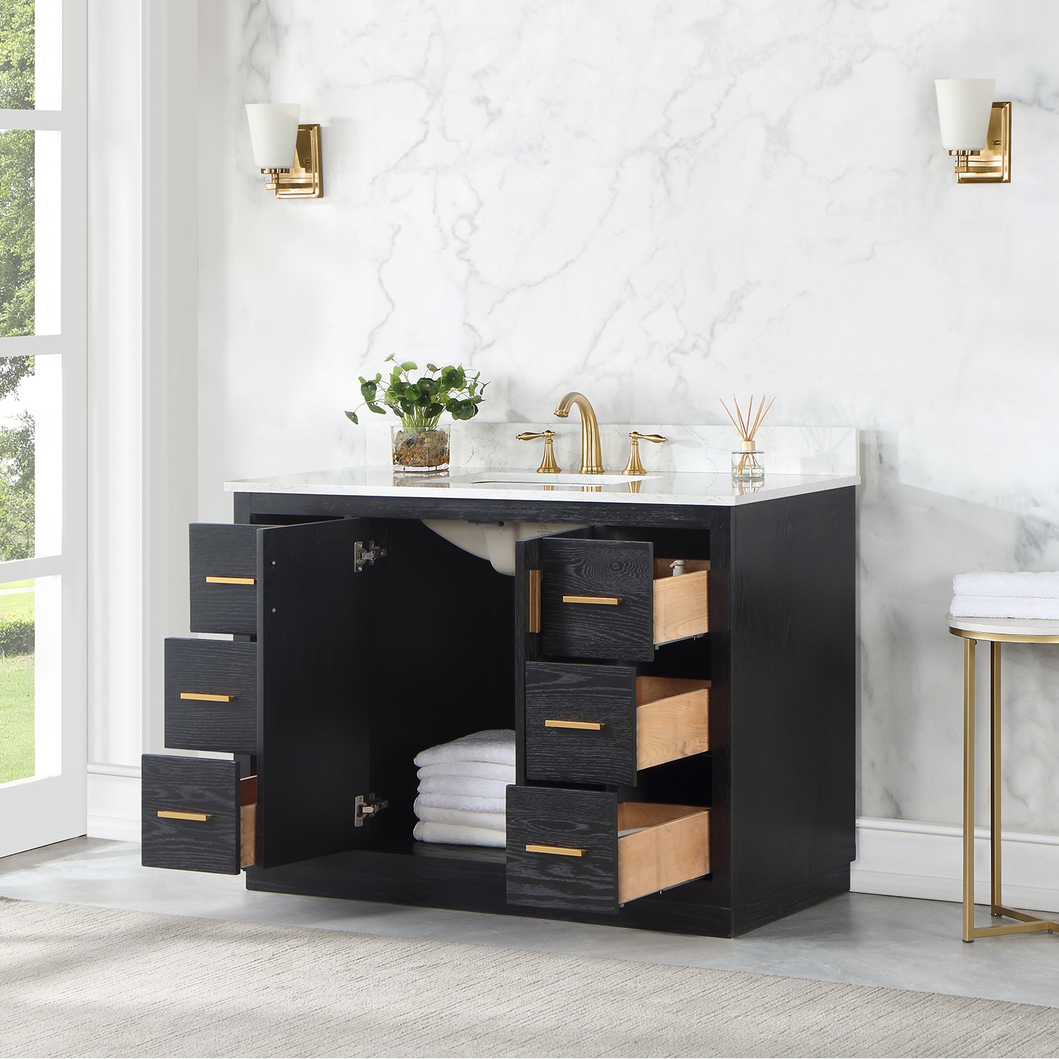 Gazsi 48" Black Oak Vanity with White Stone Top