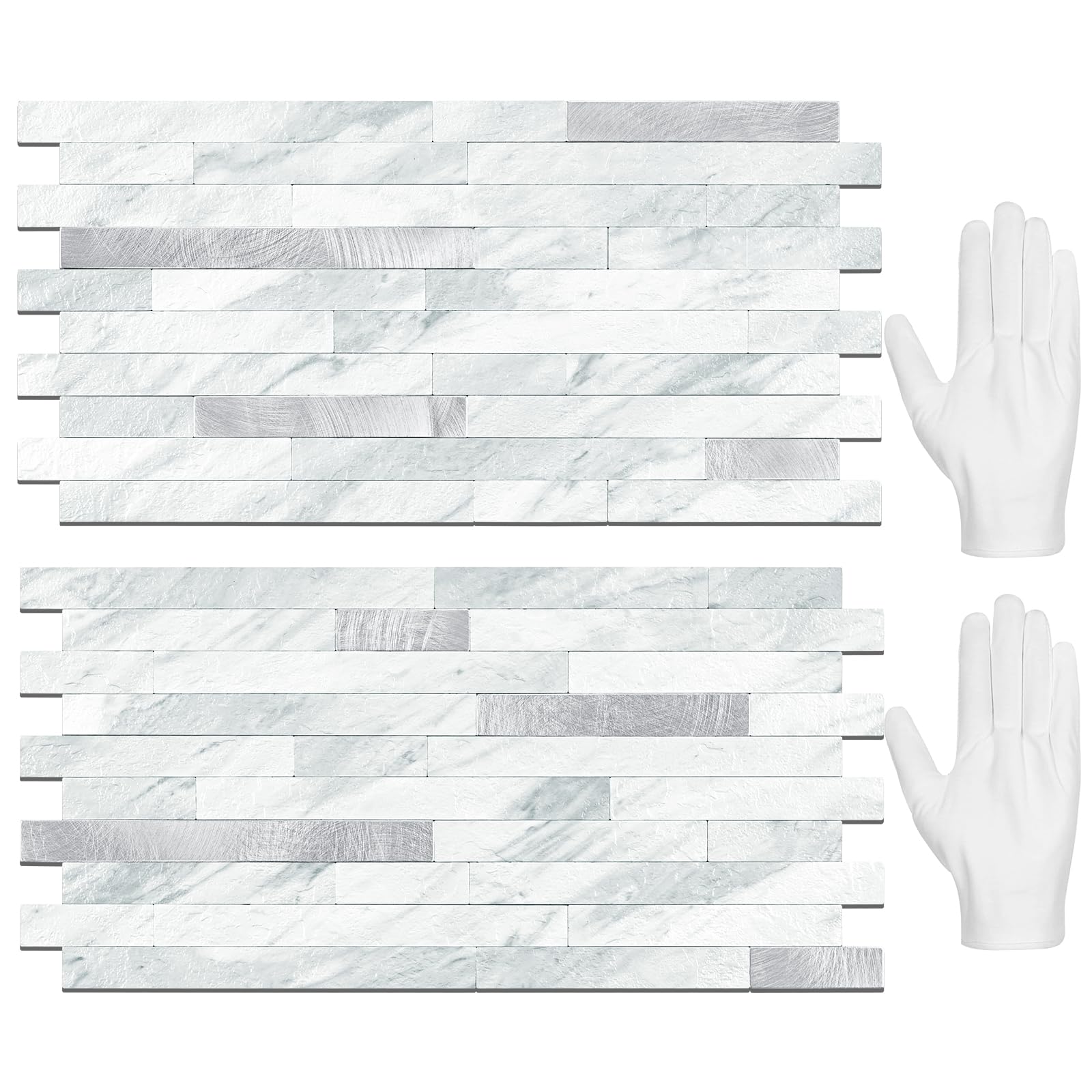 Phewnyzo  20 Sheets Peel and Stick Backsplash Tile Volakas White PVC Mixed Metal Silver Self Adhesive Kitchen Bathroom Wall Tiles