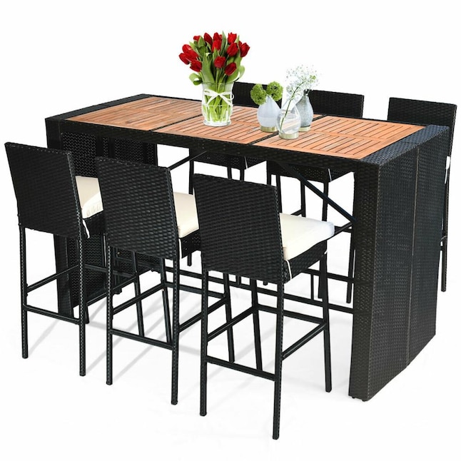 Goplus Table And Chair 7 Piece Black, Wicker Bar Height Patio Table Tops