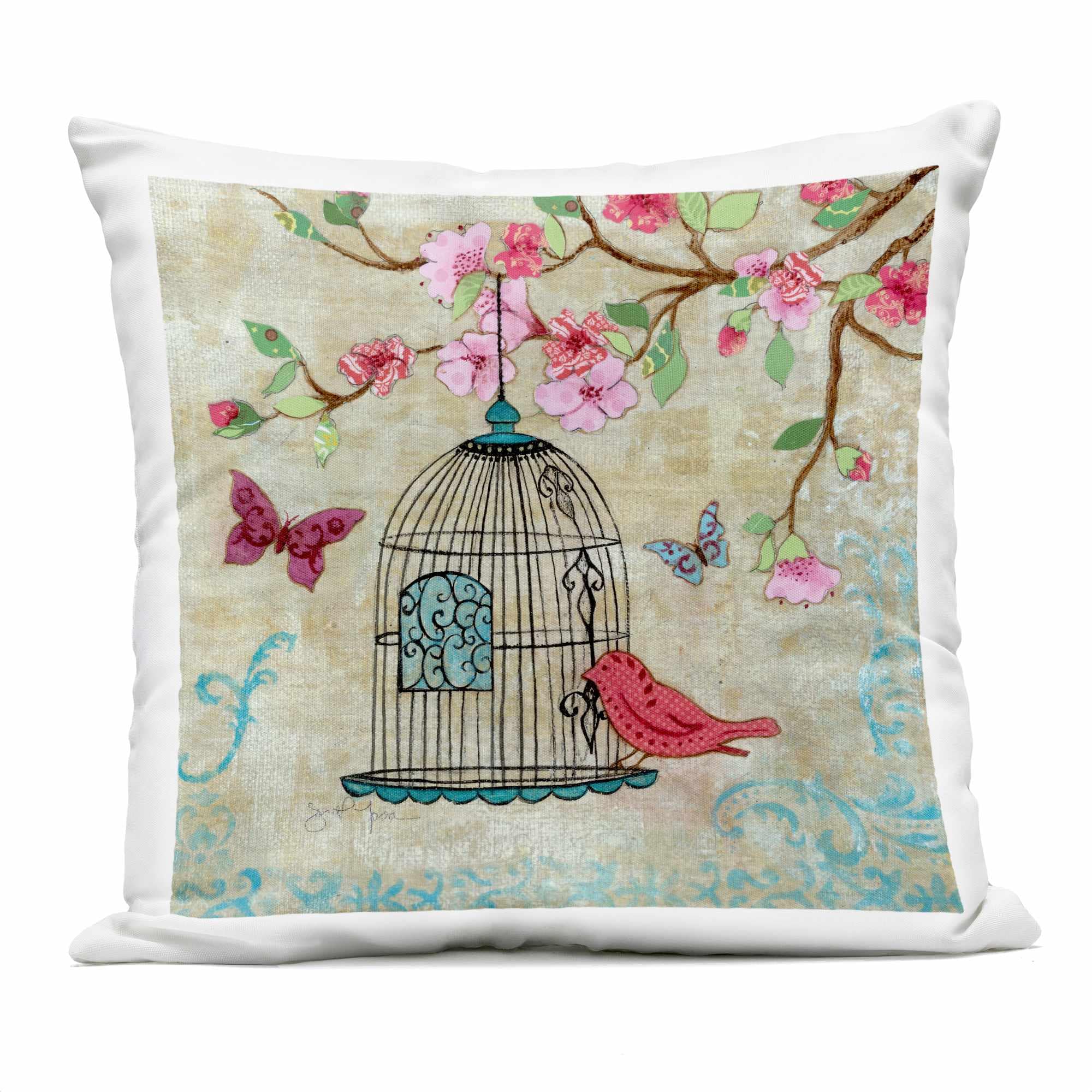 Stupell Industries PLQ-329-OSQ-18X18 Spring Fling Bird Scene Outdoor Printed Pillowdesign by Janet Tava 18 x 18