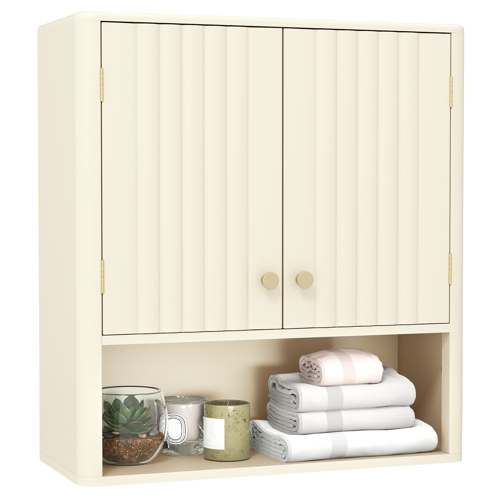 Costway - Bathroom Wall Cabinet with Fluted Doors Adjustable Shelf Open Storage Cube Beige
