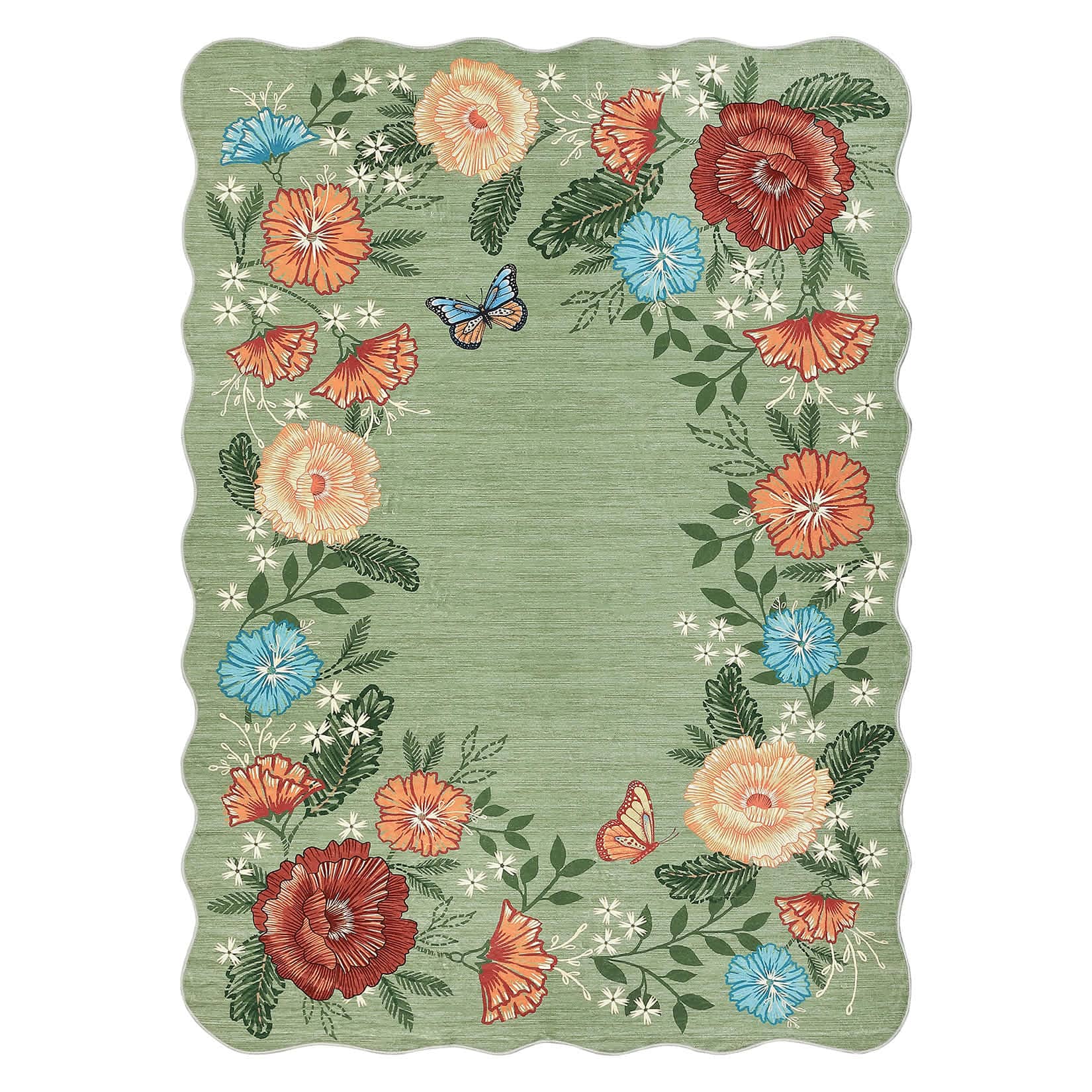 Qeetex SUNNY-PHK-339UNUBH 5 x 7 ft Polyester Green Rectangular Living Room Bedroom Dining Room Botanical Floral Print Modern Machine Washable Area Rug