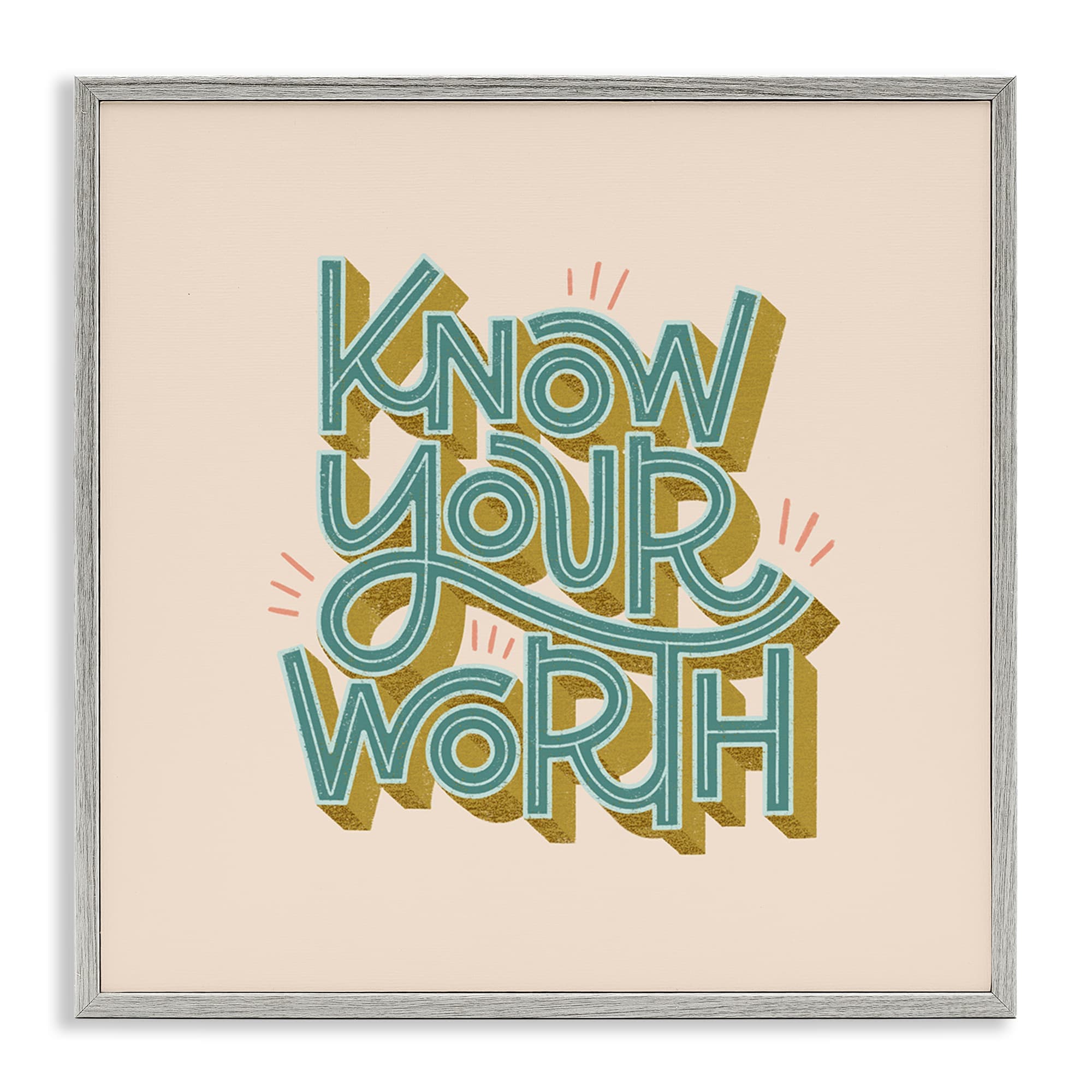 Stupell Industries BT-425-GFF-24X24 Know Your Worth Green on Beige Gray Framed Giclee Art By Sarah Hickman 24 x 24
